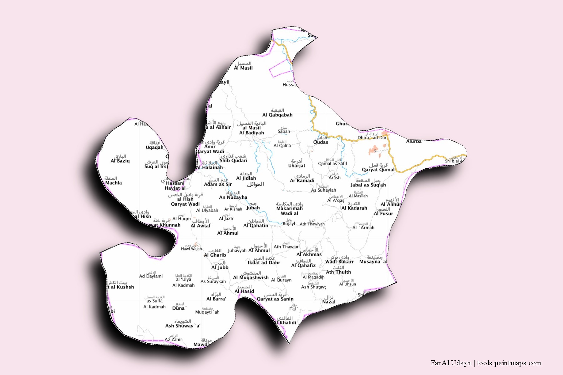 Mapa de barrios y pueblos de Far Al Udayn con efecto de sombra 3D