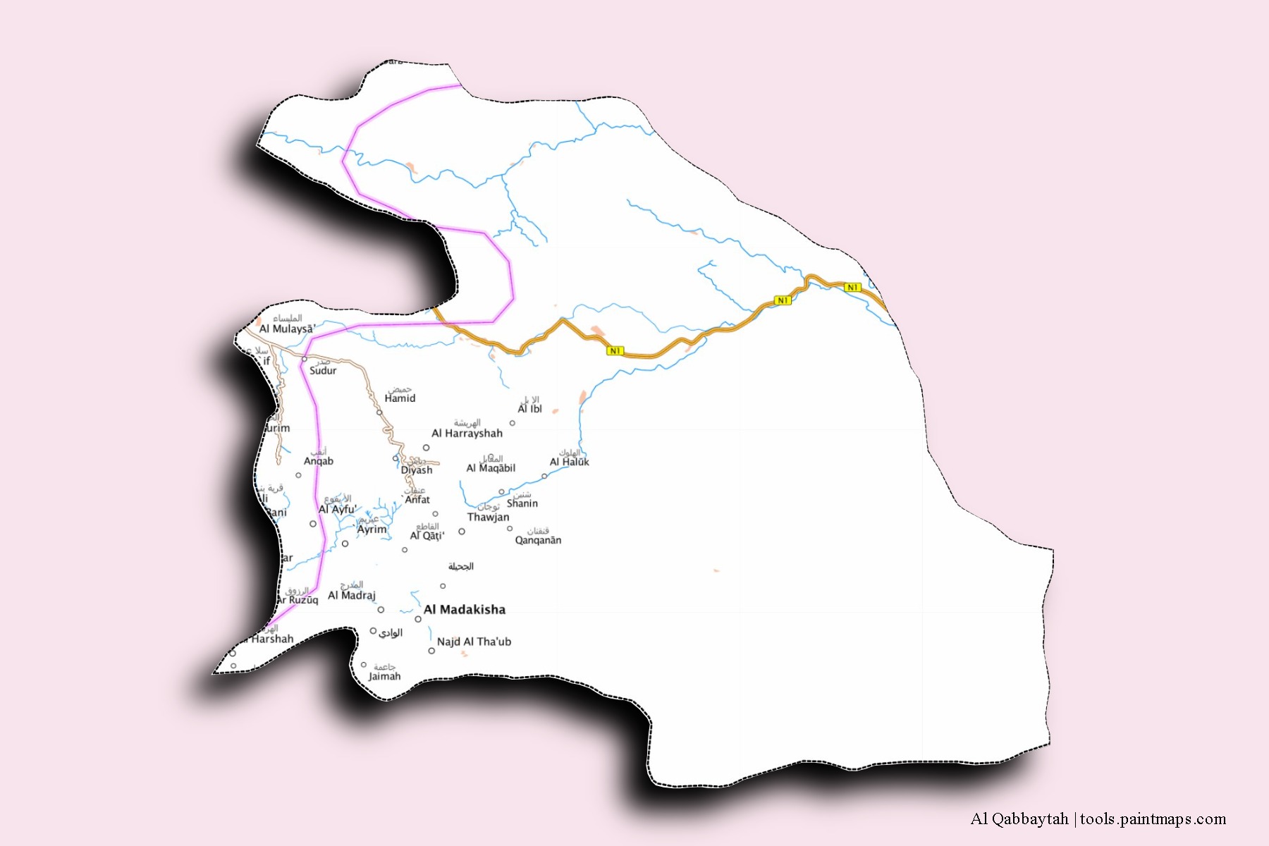 Mapa de barrios y pueblos de Al Qabbaytah con efecto de sombra 3D