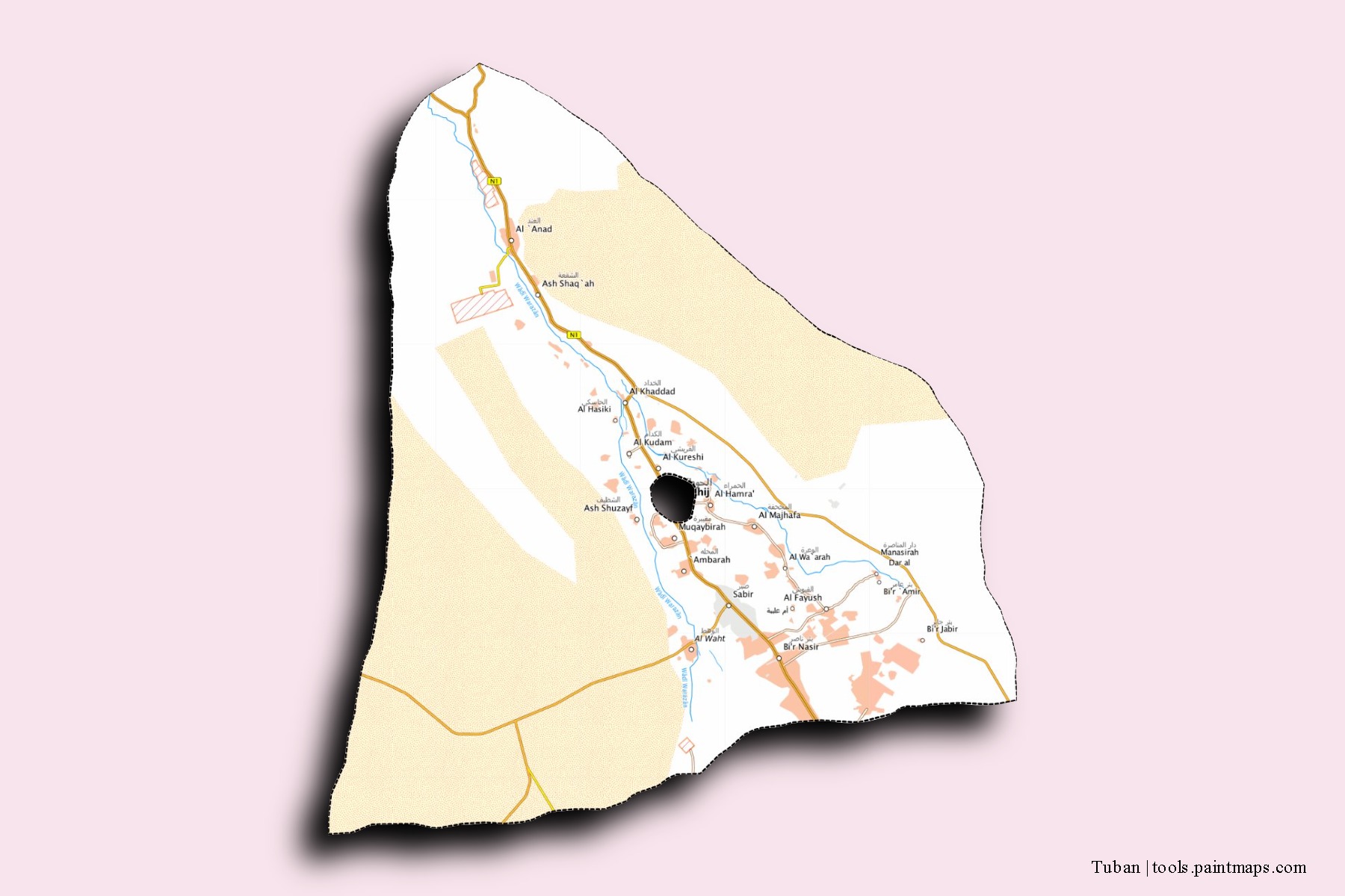 Tuban neighborhoods and villages map with 3D shadow effect