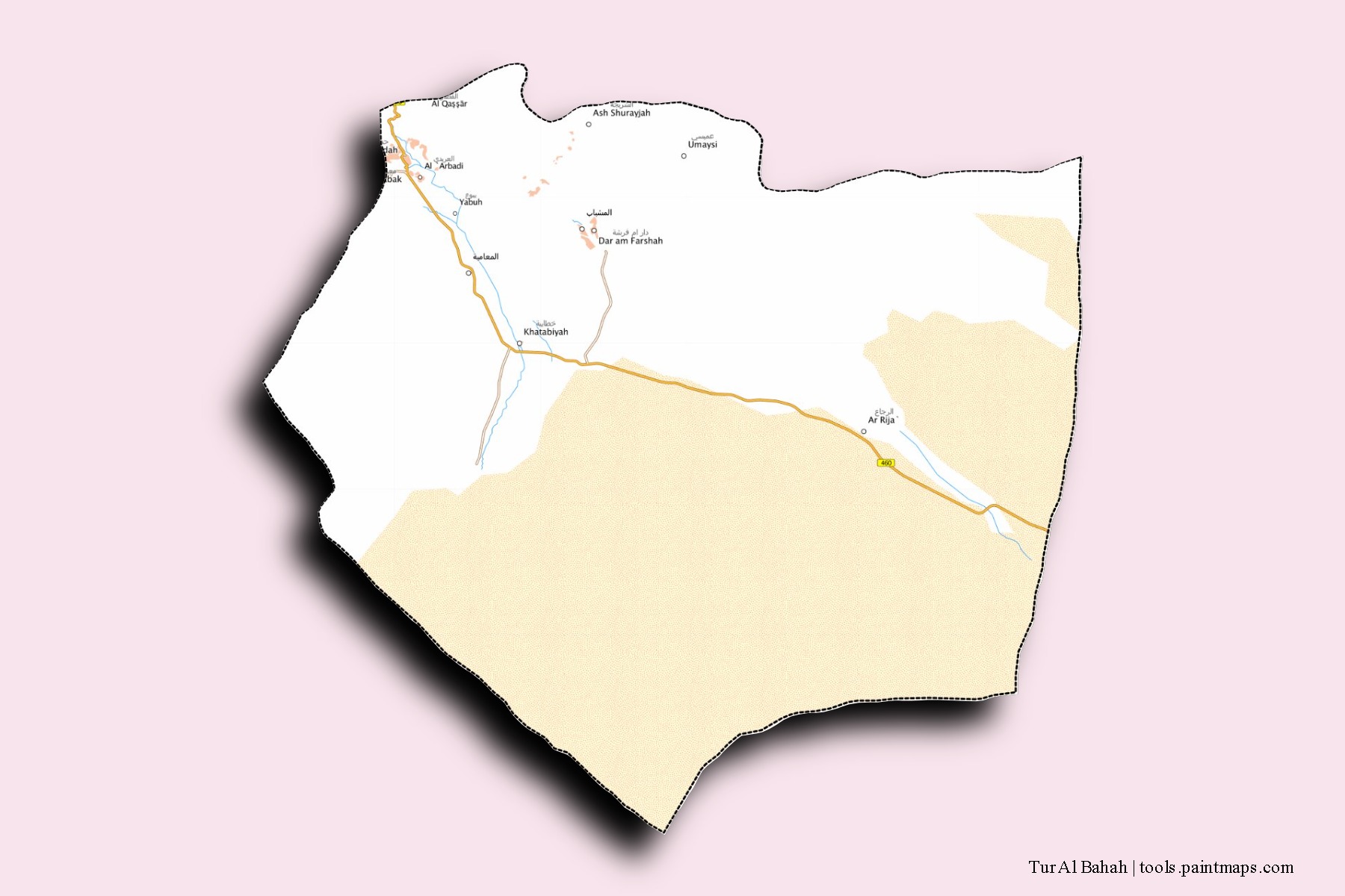 Tur Al Bahah neighborhoods and villages map with 3D shadow effect