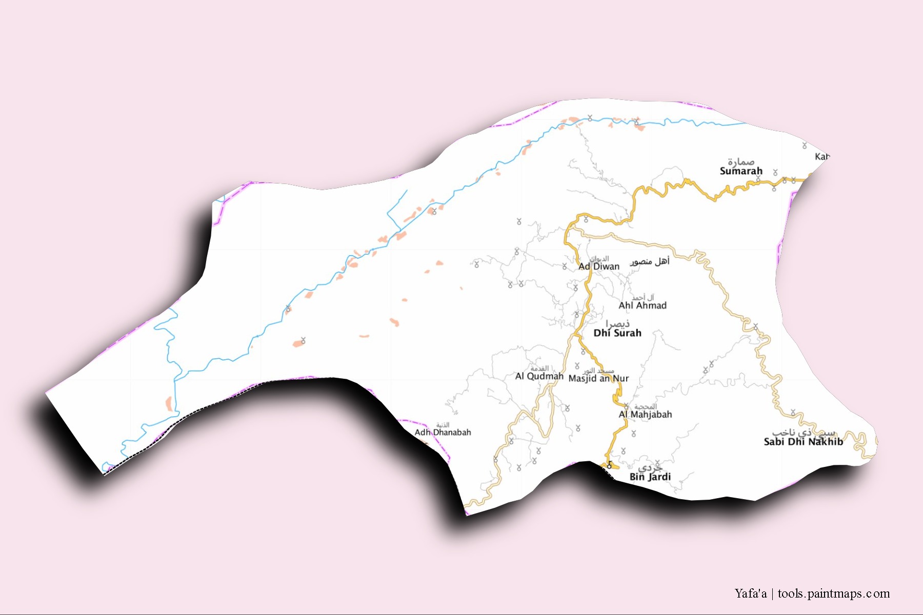 Yafa'a neighborhoods and villages map with 3D shadow effect