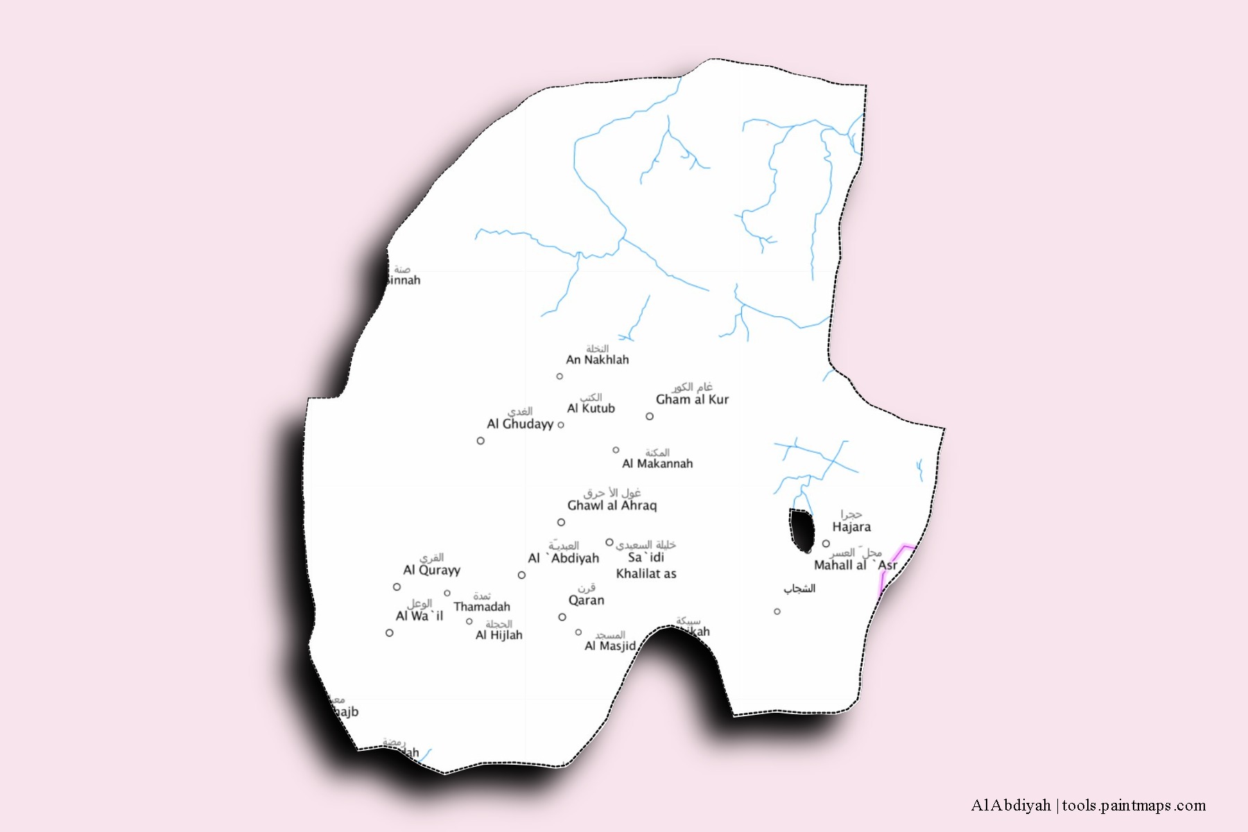 Al Abdiyah neighborhoods and villages map with 3D shadow effect