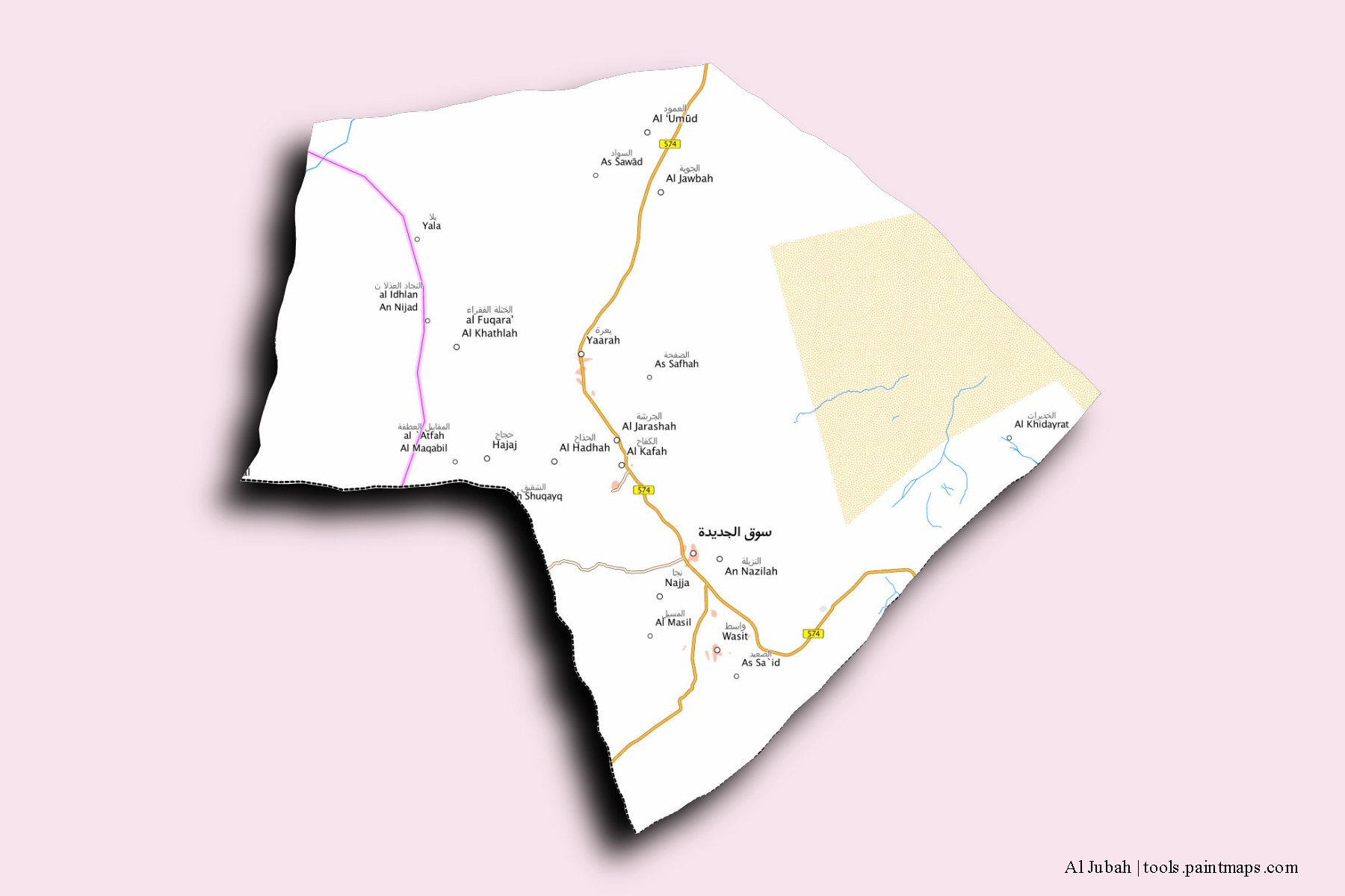 Mapa de barrios y pueblos de Al Jubah con efecto de sombra 3D