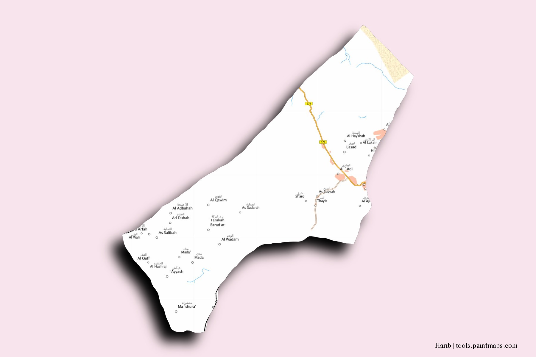 Mapa de barrios y pueblos de Harib con efecto de sombra 3D