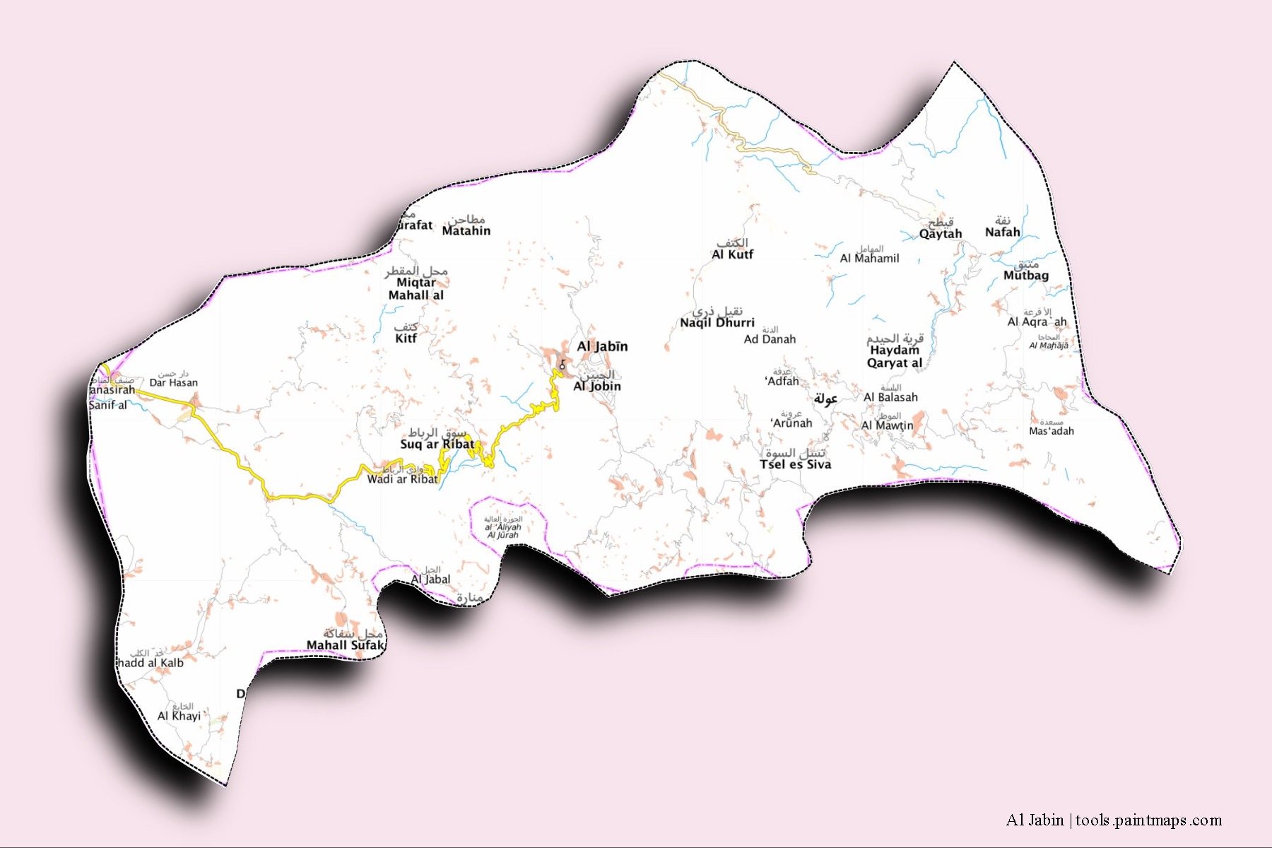 Mapa de barrios y pueblos de Al Jabin con efecto de sombra 3D