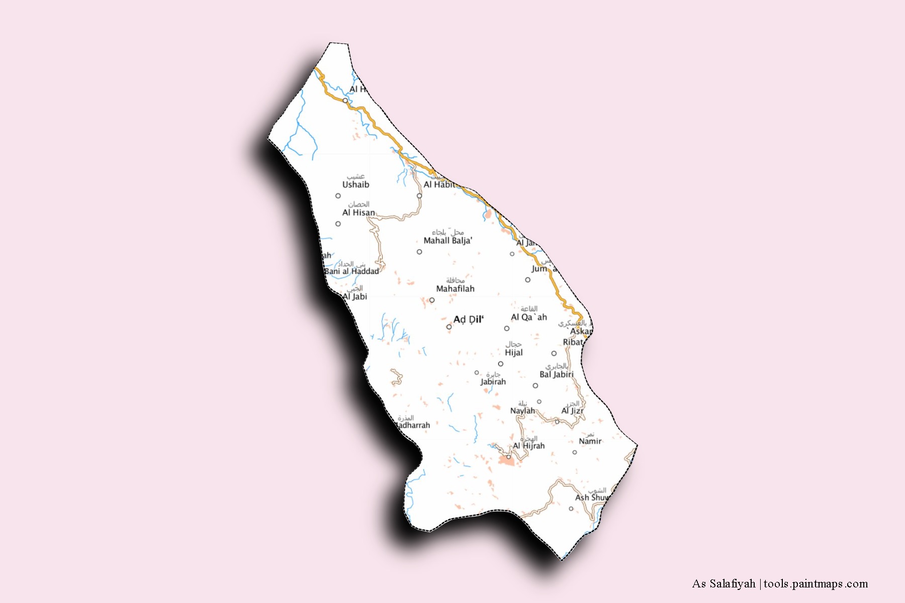 Mapa de barrios y pueblos de As Salafiyah con efecto de sombra 3D