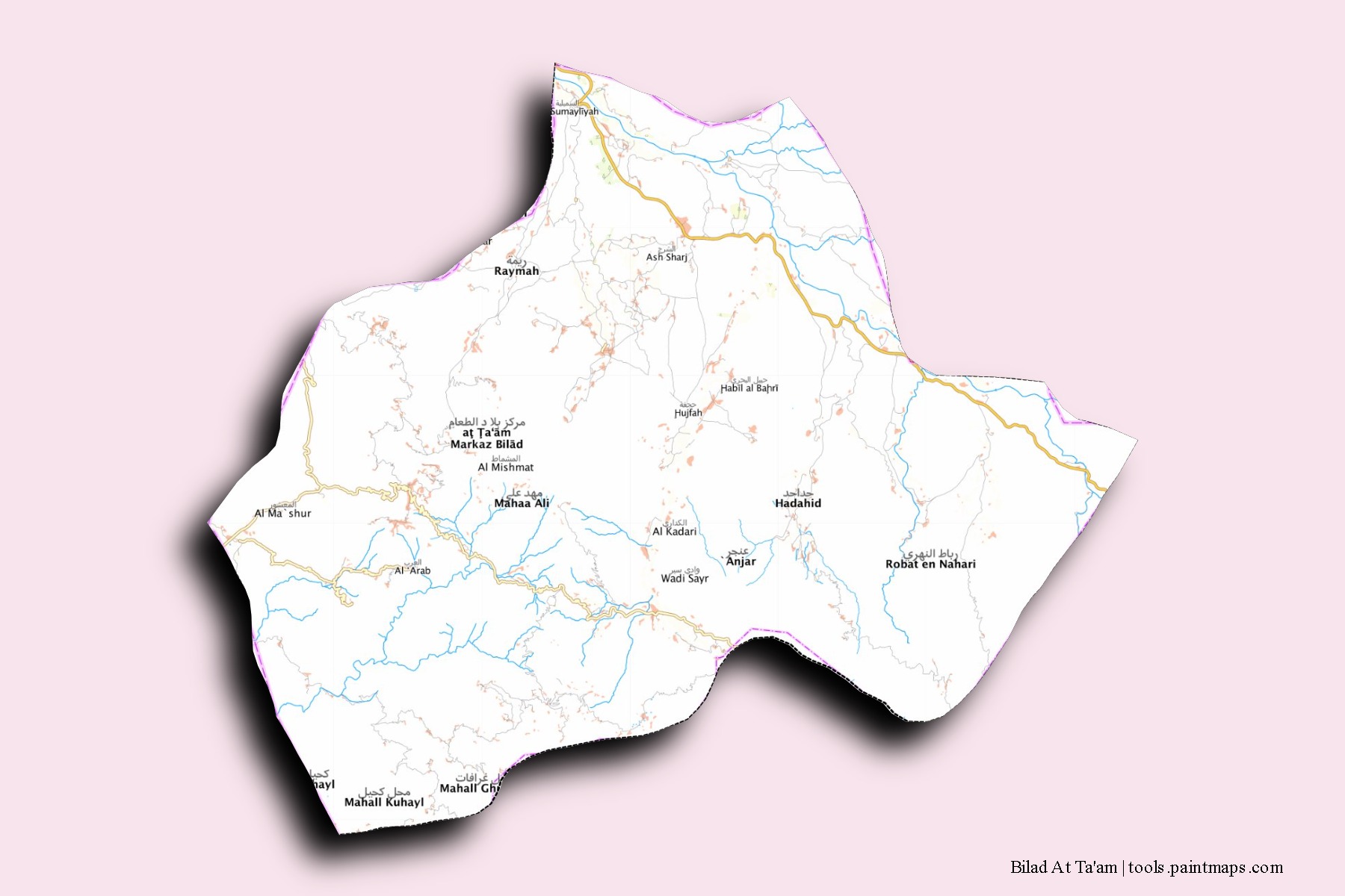 Mapa de barrios y pueblos de Bilad At Ta'am con efecto de sombra 3D