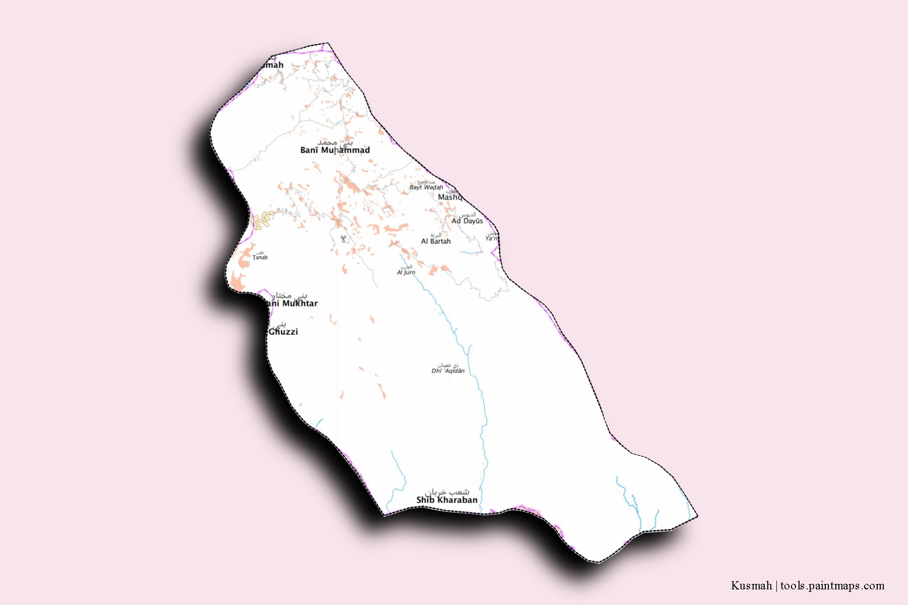 Mapa de barrios y pueblos de Kusmah con efecto de sombra 3D