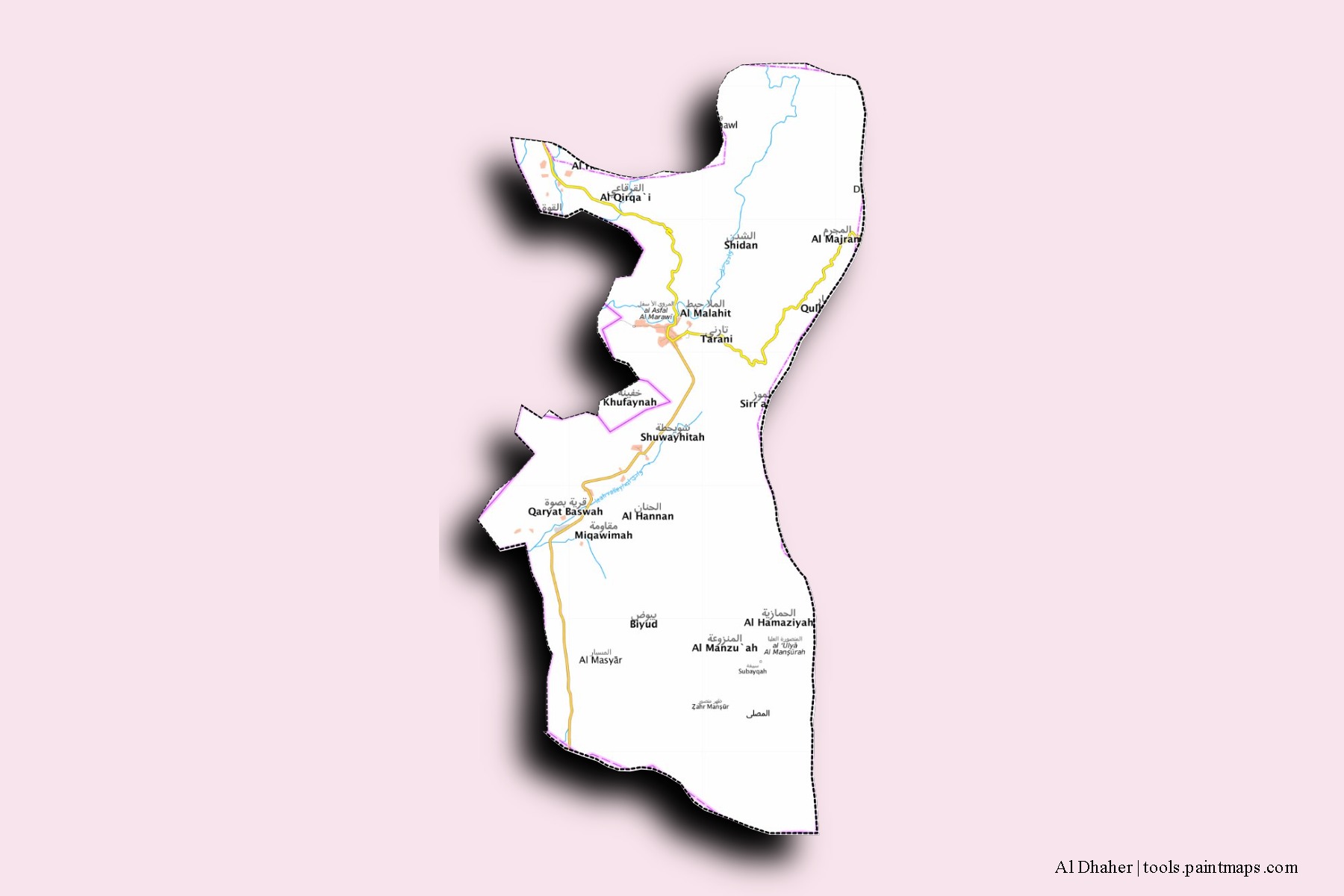 3D gölge efektli Al Dhaher mahalleleri ve köyleri haritası