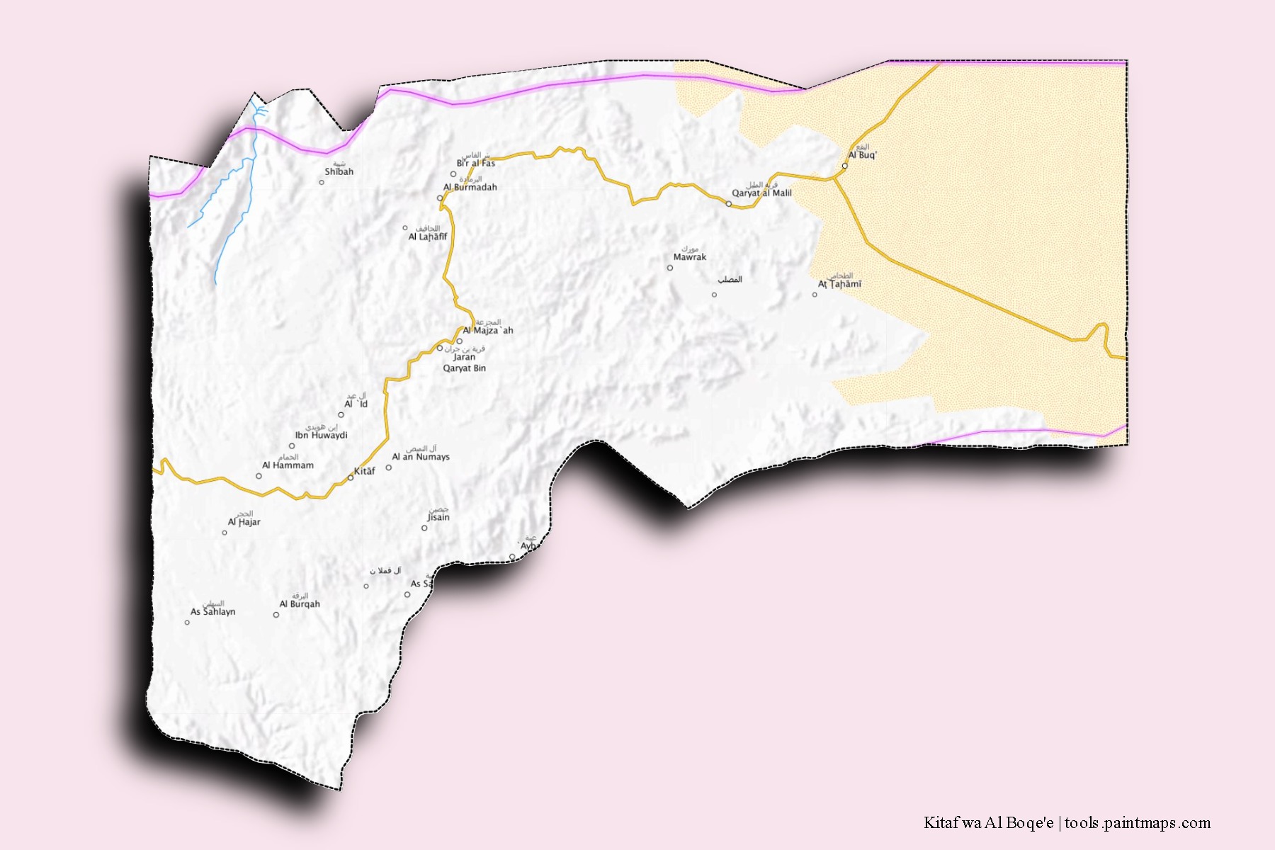 Kitaf wa Al Boqe'e neighborhoods and villages map with 3D shadow effect