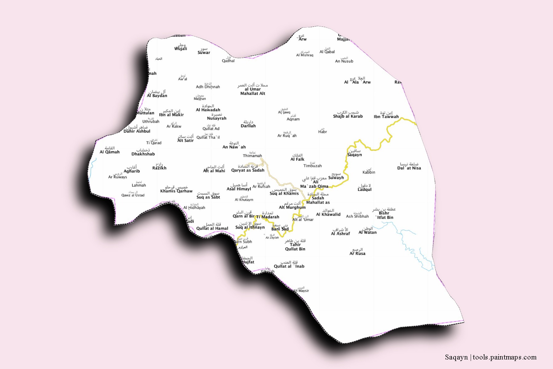 Saqayn neighborhoods and villages map with 3D shadow effect