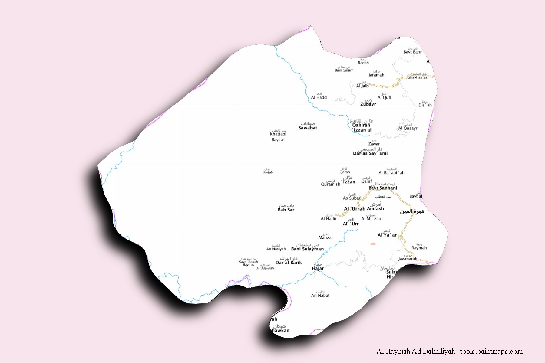 3D gölge efektli Al Haymah Ad Dakhiliyah mahalleleri ve köyleri haritası