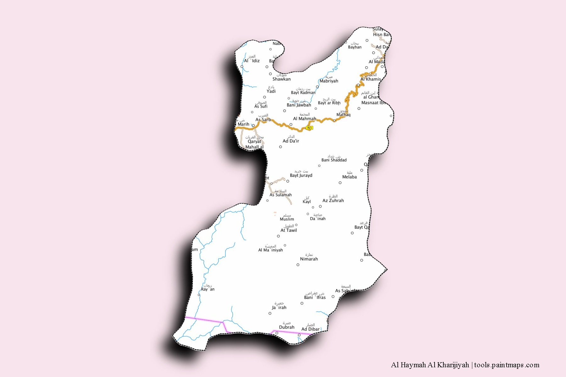 Mapa de barrios y pueblos de Al Haymah Al Kharijiyah con efecto de sombra 3D