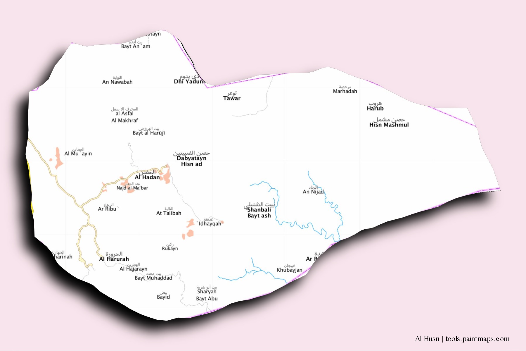 Mapa de barrios y pueblos de Al Husn con efecto de sombra 3D