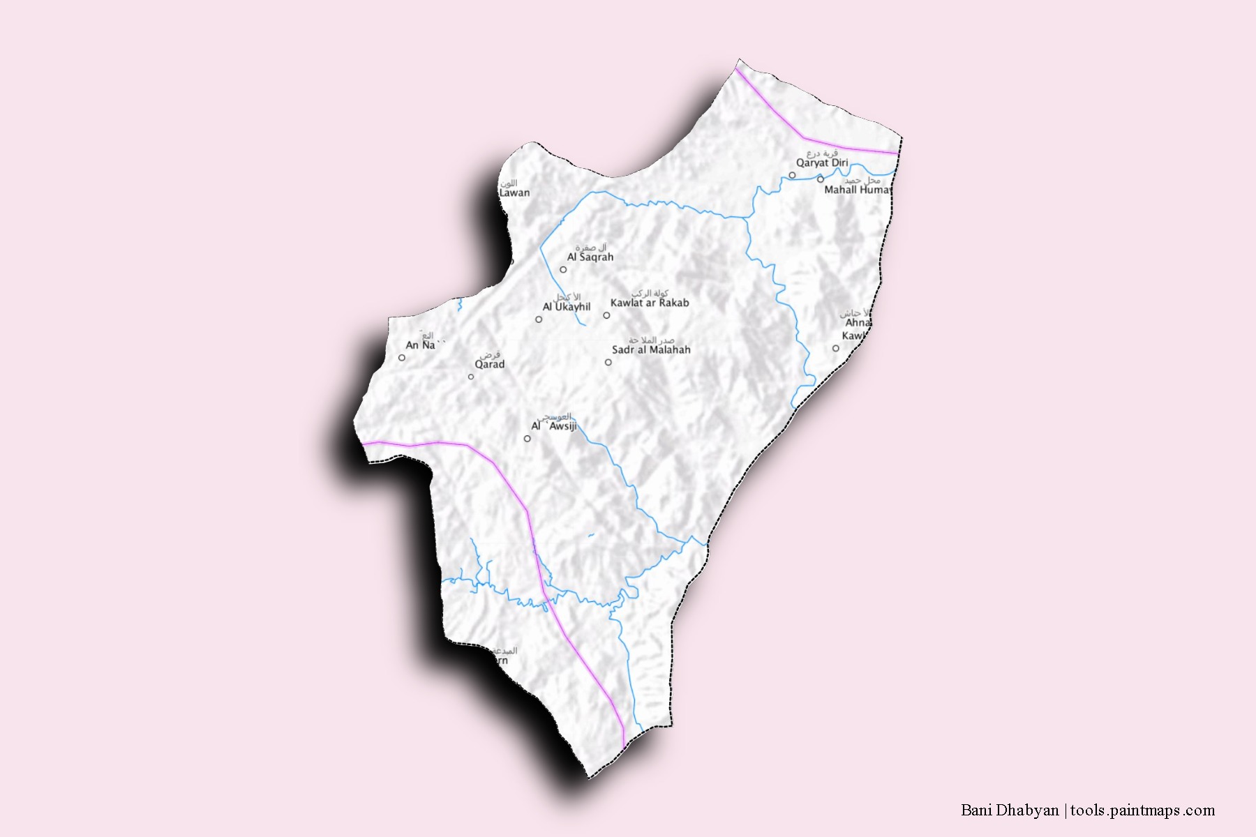 Mapa de barrios y pueblos de Bani Dhabyan con efecto de sombra 3D