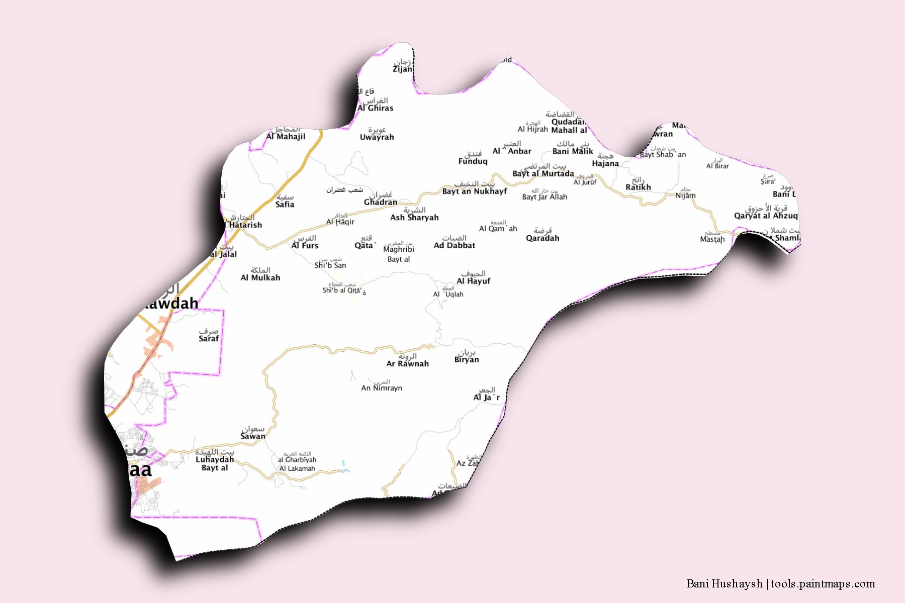 Mapa de barrios y pueblos de Bani Hushaysh con efecto de sombra 3D