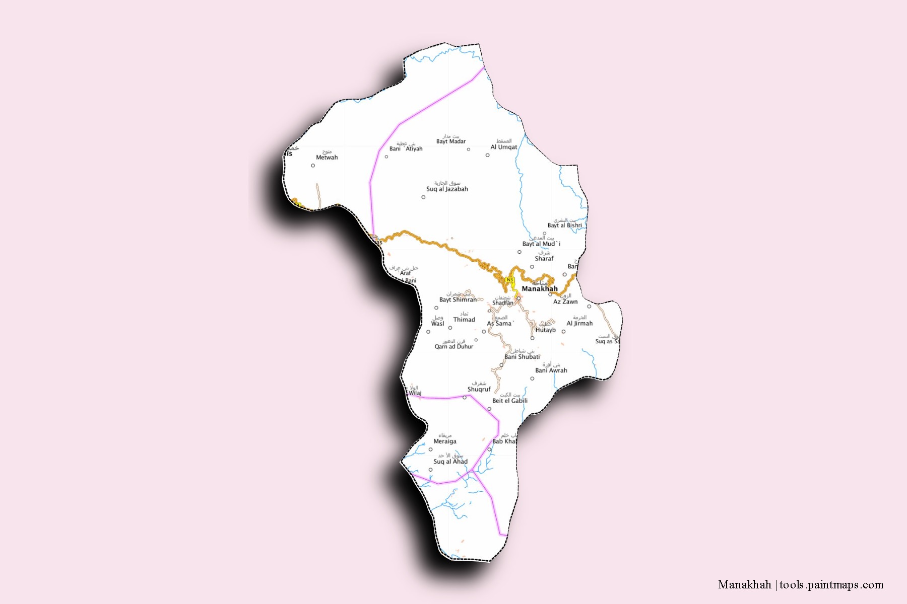 Manakhah neighborhoods and villages map with 3D shadow effect