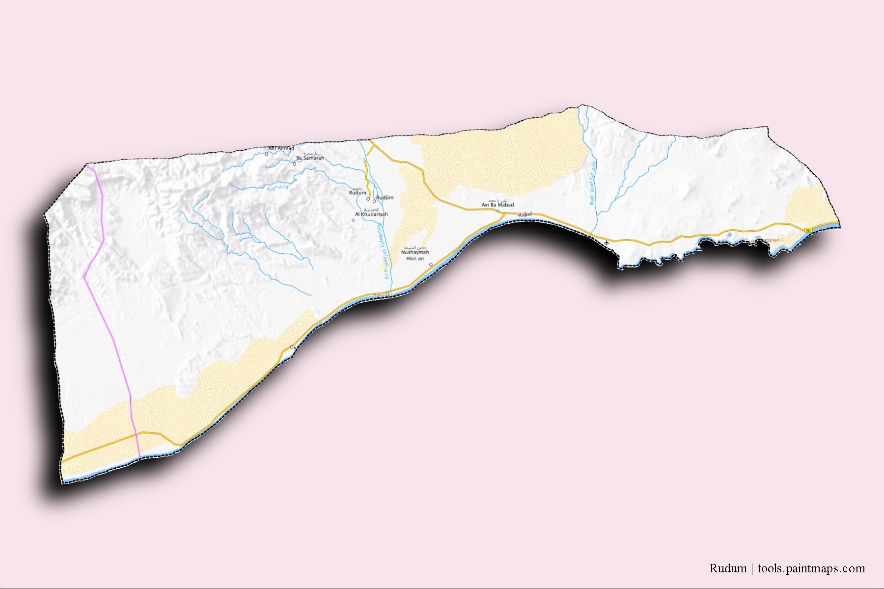 Rudum neighborhoods and villages map with 3D shadow effect