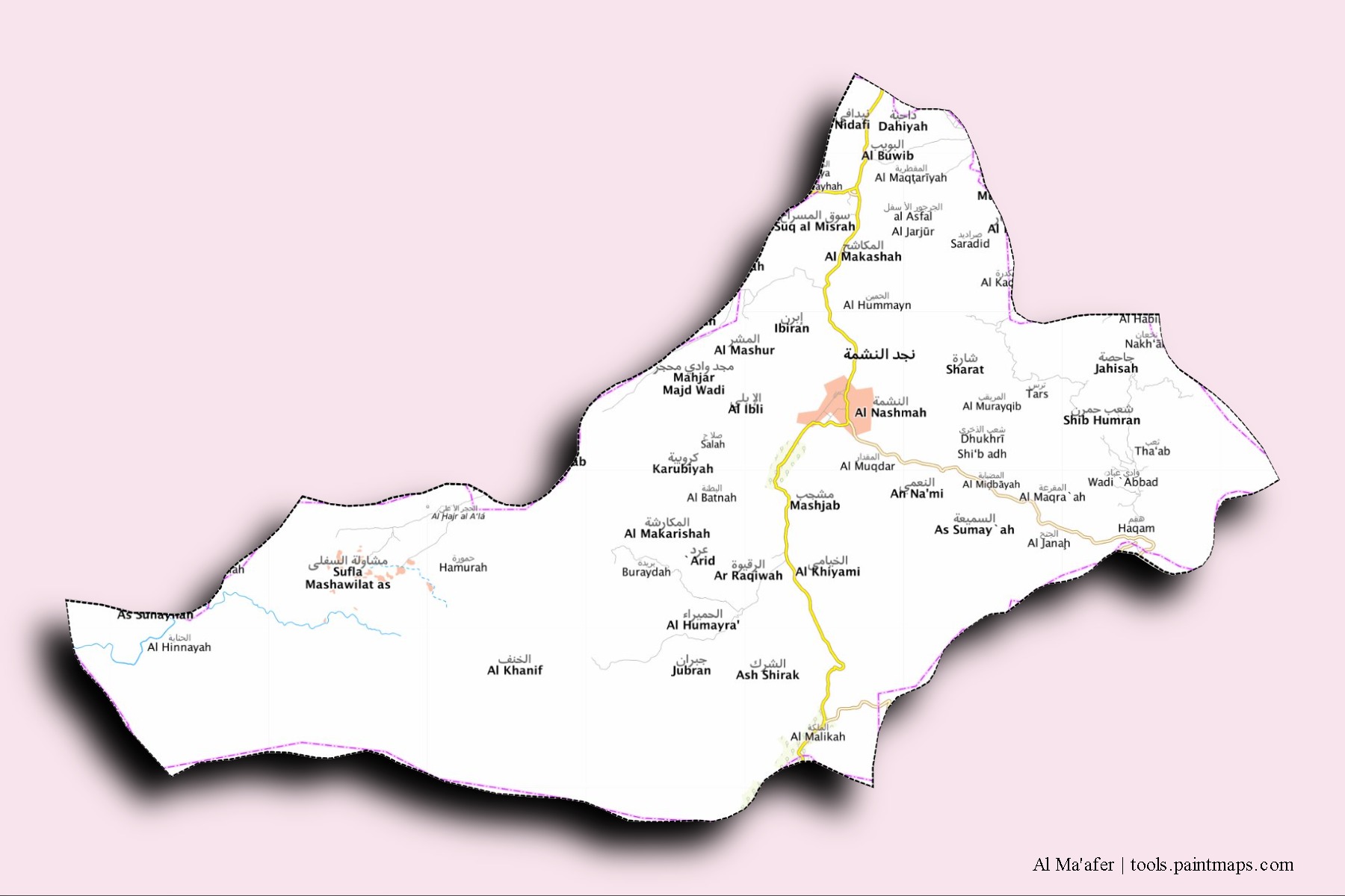 Mapa de barrios y pueblos de Al Ma'afer con efecto de sombra 3D