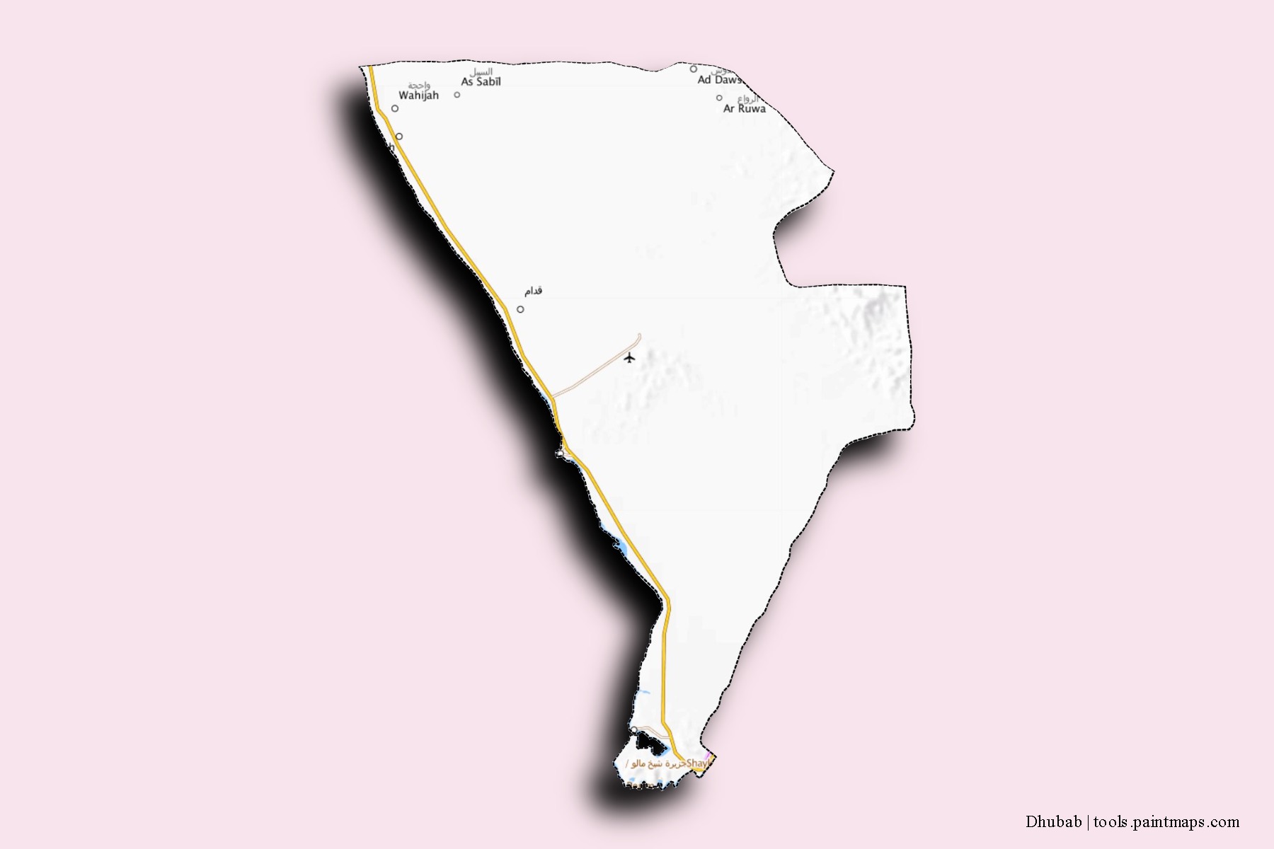 Mapa de barrios y pueblos de Dhubab con efecto de sombra 3D