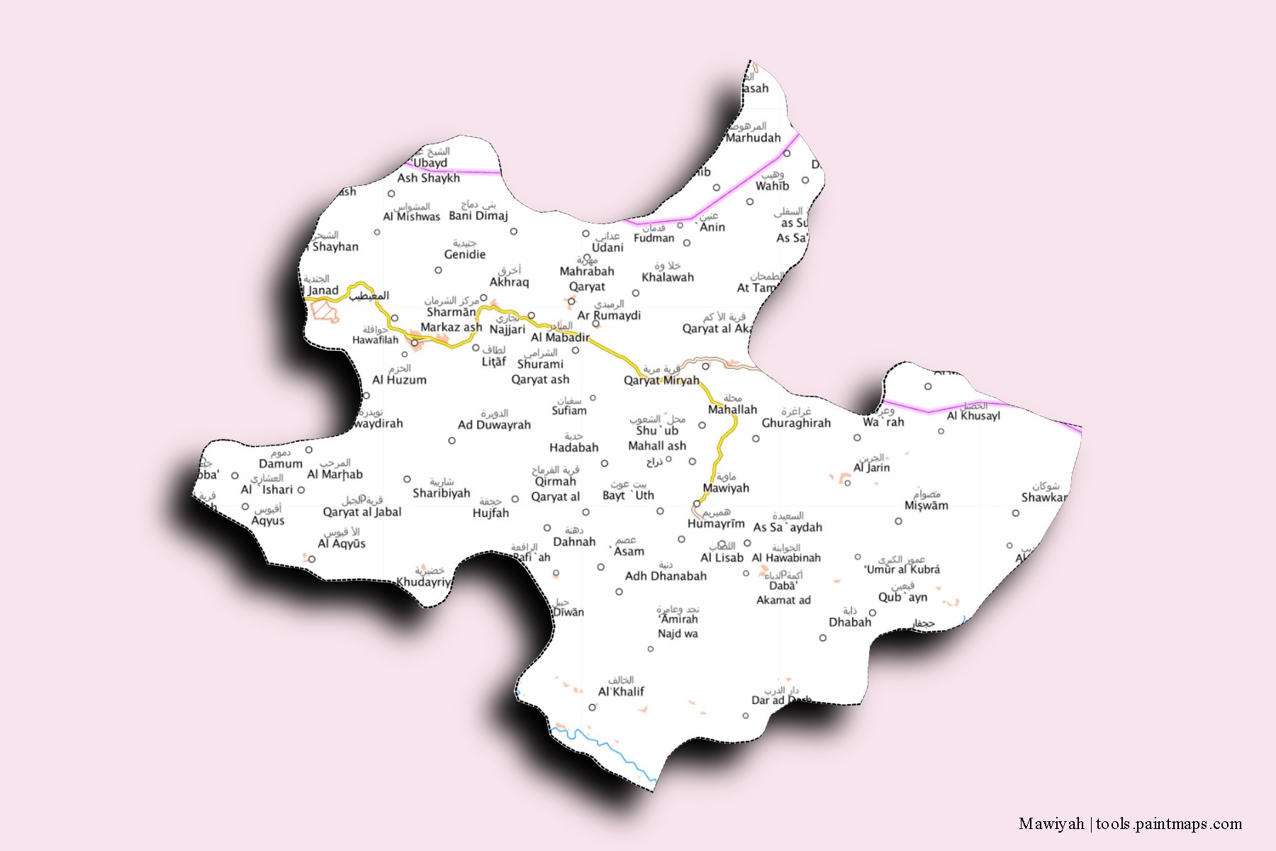 Mawiyah neighborhoods and villages map with 3D shadow effect