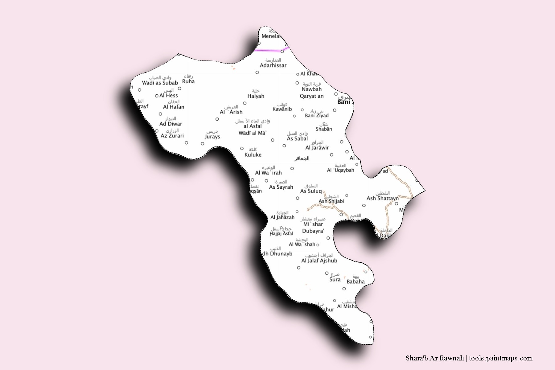 Mapa de barrios y pueblos de Shara'b Ar Rawnah con efecto de sombra 3D