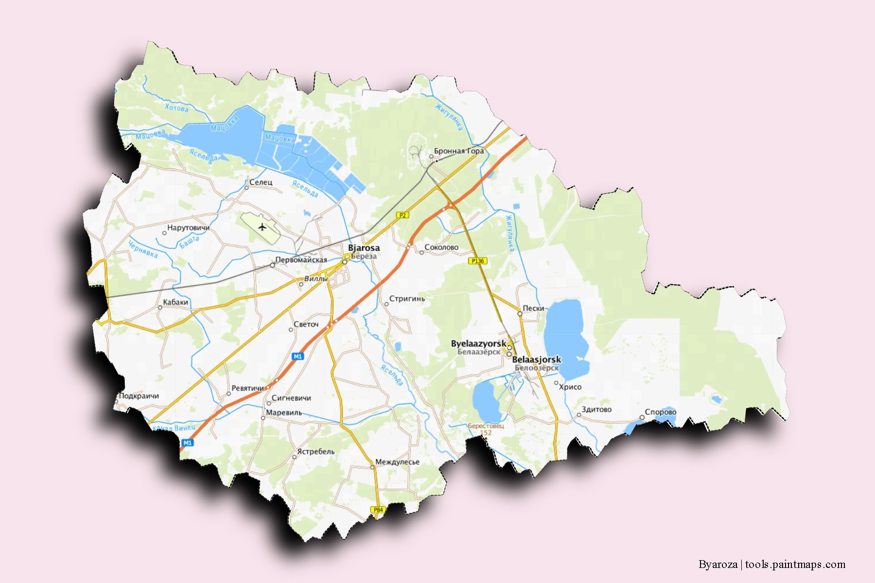 Byaroza neighborhoods and villages map with 3D shadow effect