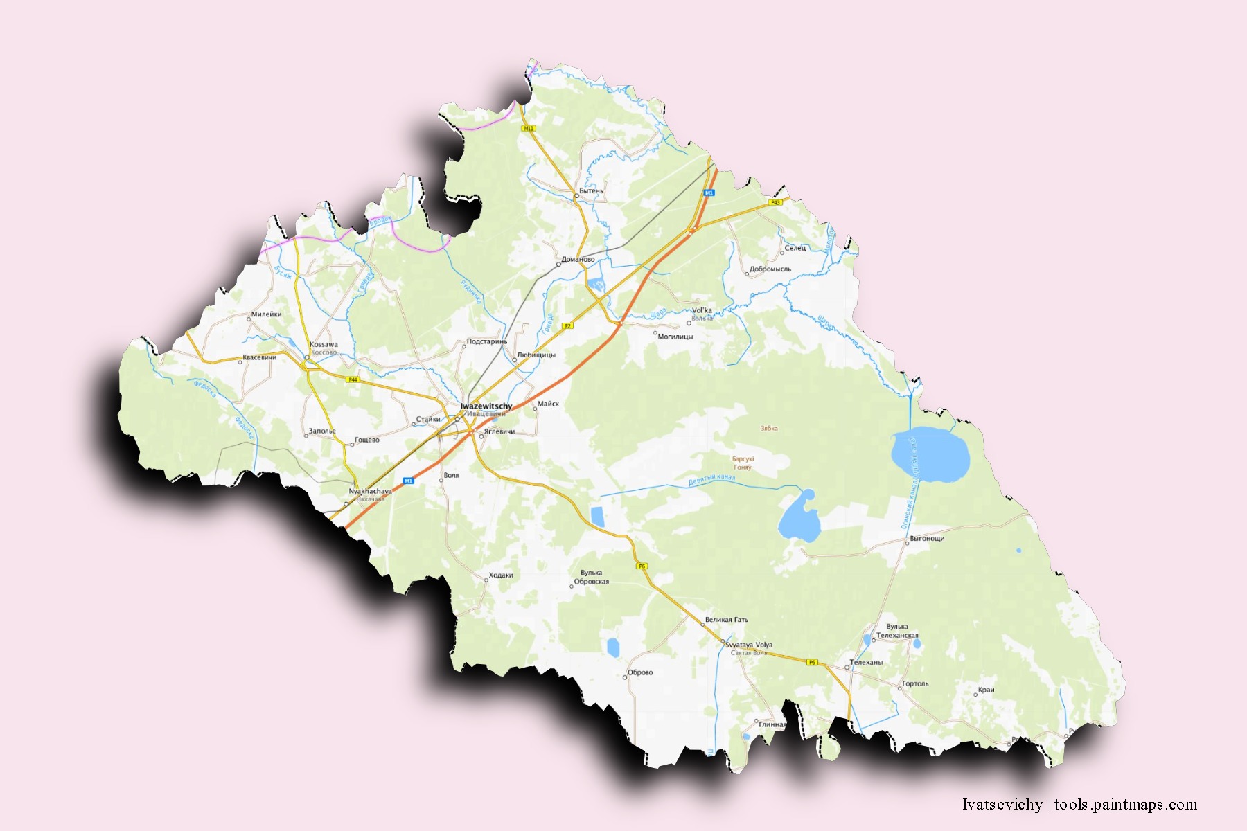 Mapa de barrios y pueblos de Ivatsevichy con efecto de sombra 3D