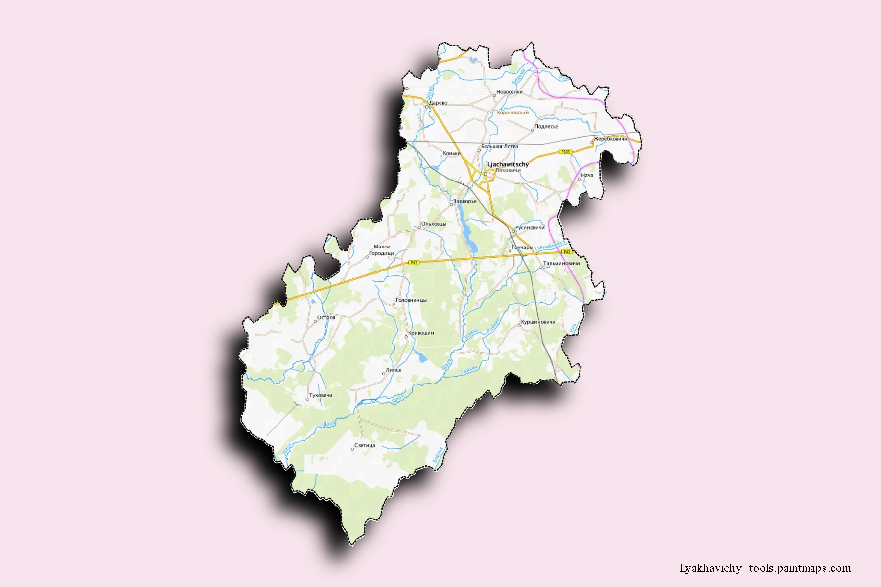 Mapa de barrios y pueblos de Lyakhavichy con efecto de sombra 3D