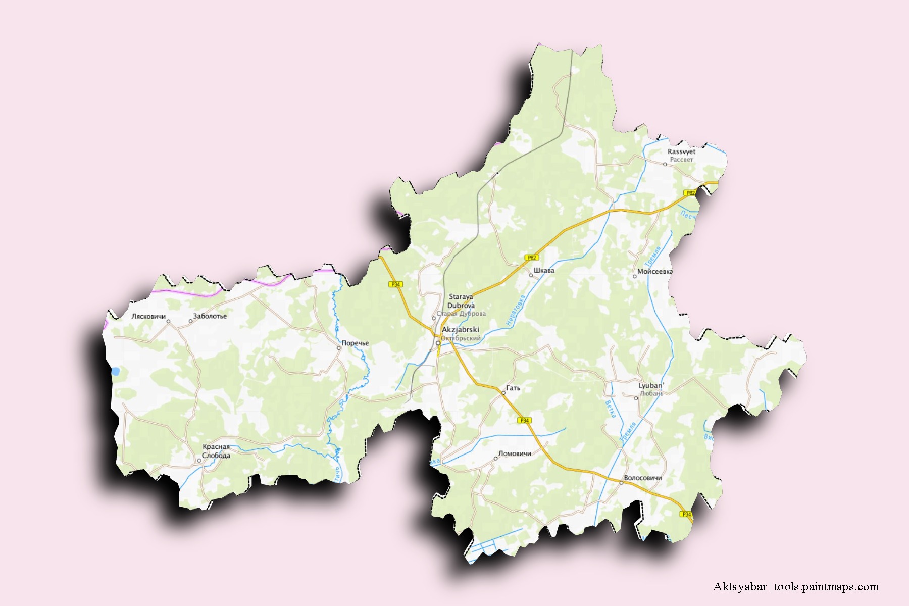 Mapa de barrios y pueblos de Aktsyabar con efecto de sombra 3D