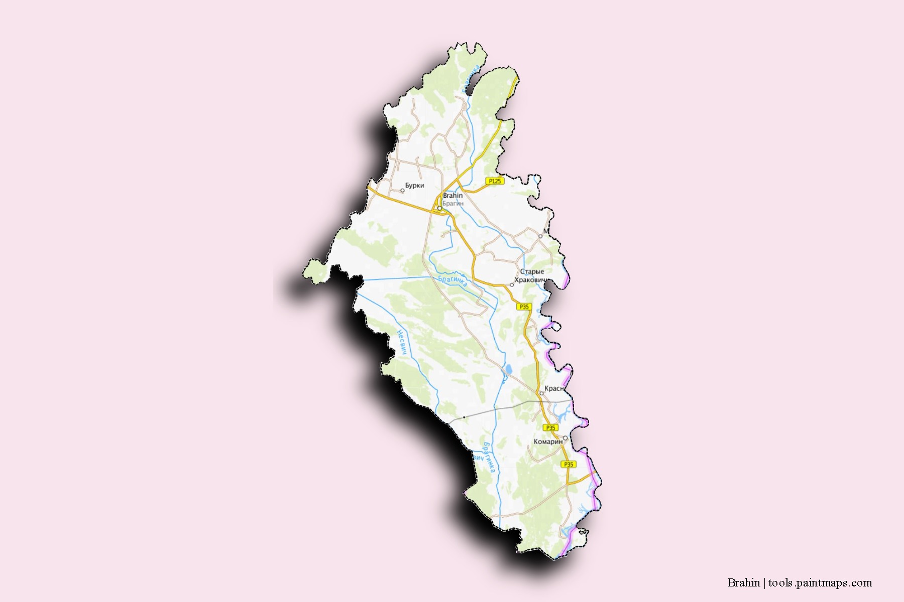 Mapa de barrios y pueblos de Brahin con efecto de sombra 3D