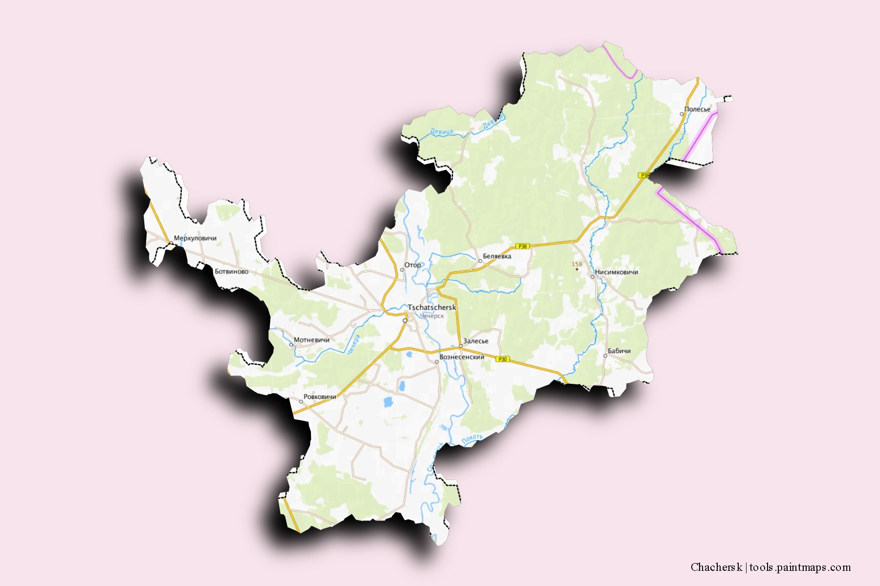 Mapa de barrios y pueblos de Chachersk con efecto de sombra 3D