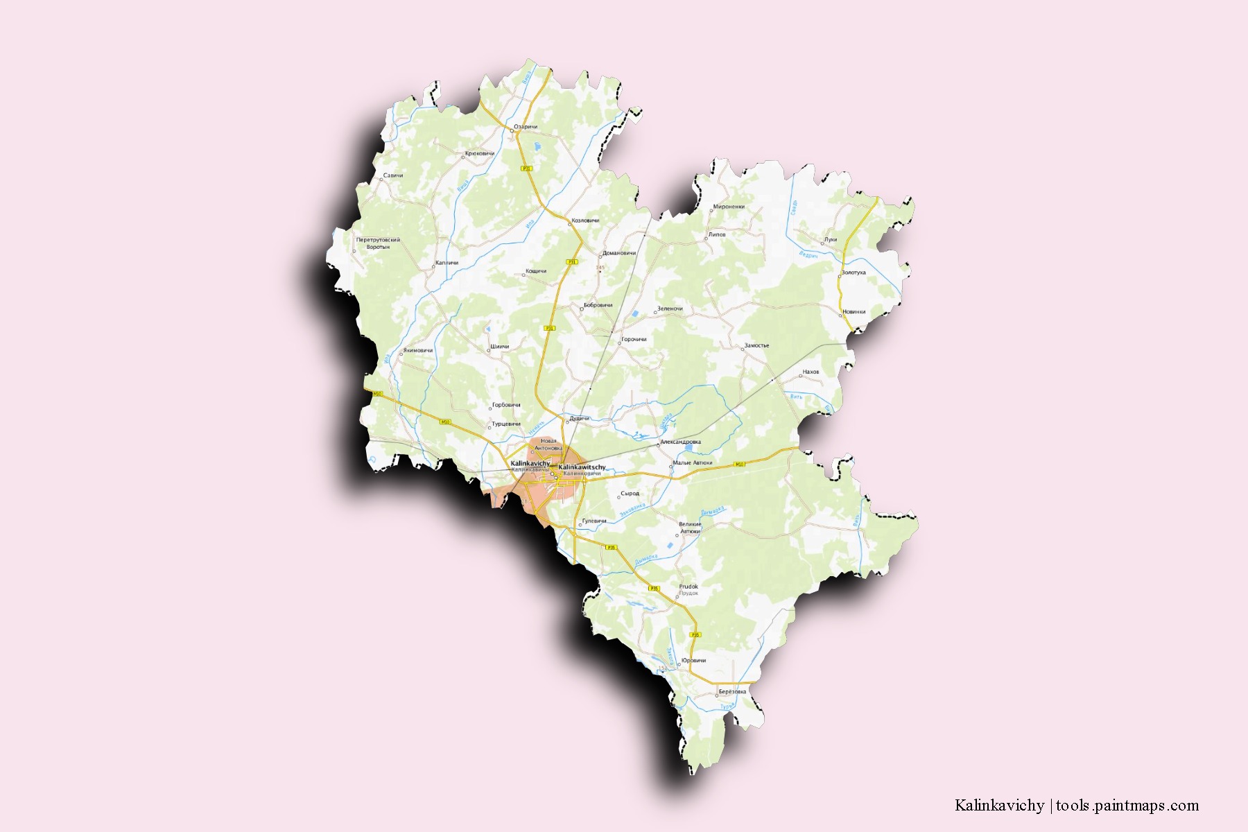 Mapa de barrios y pueblos de Kalinkavichy con efecto de sombra 3D