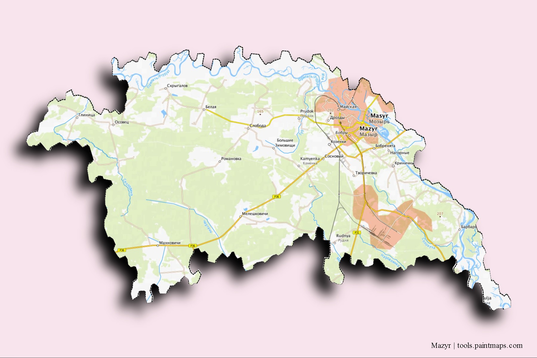 Mazyr neighborhoods and villages map with 3D shadow effect