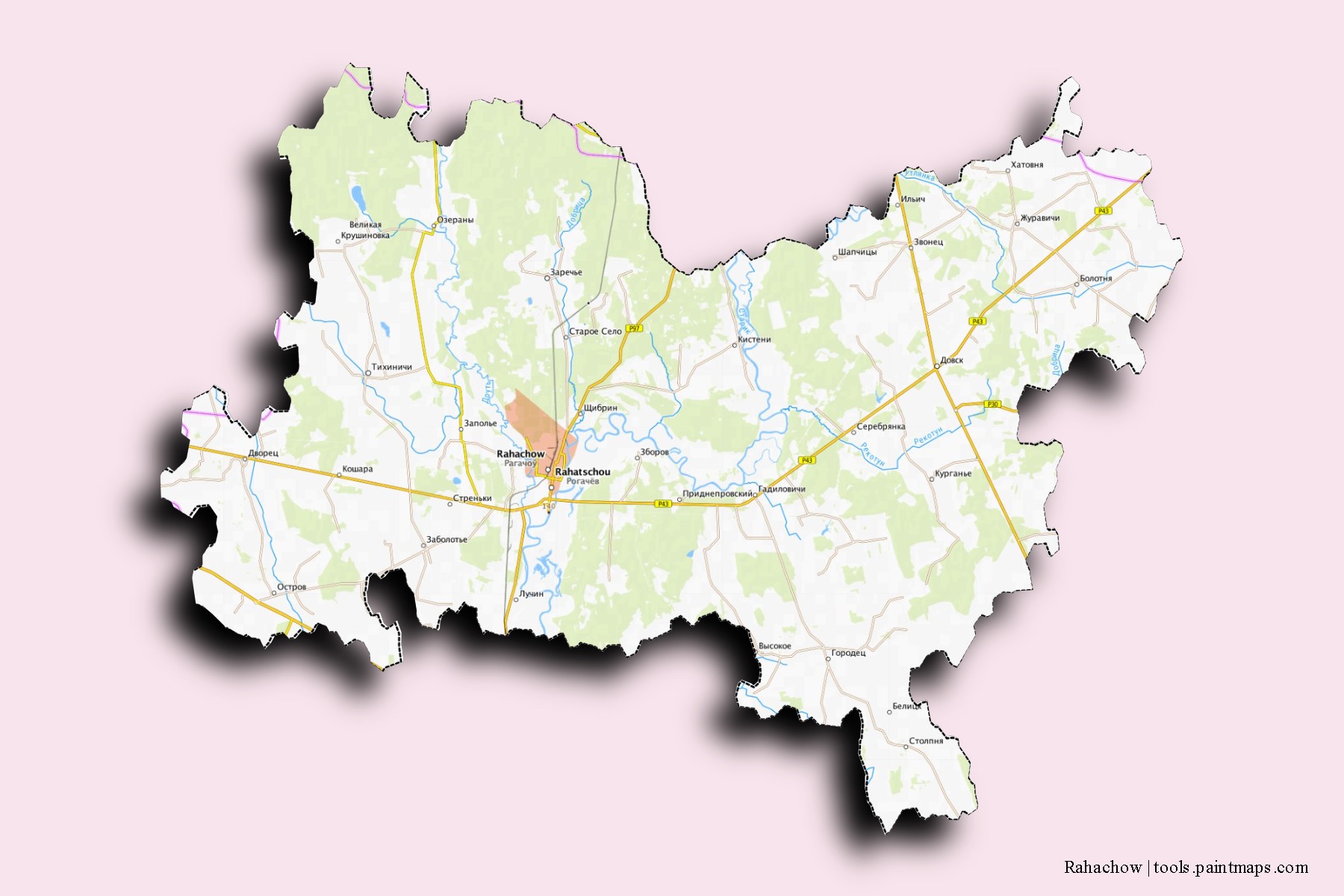 Mapa de barrios y pueblos de Rahachow con efecto de sombra 3D