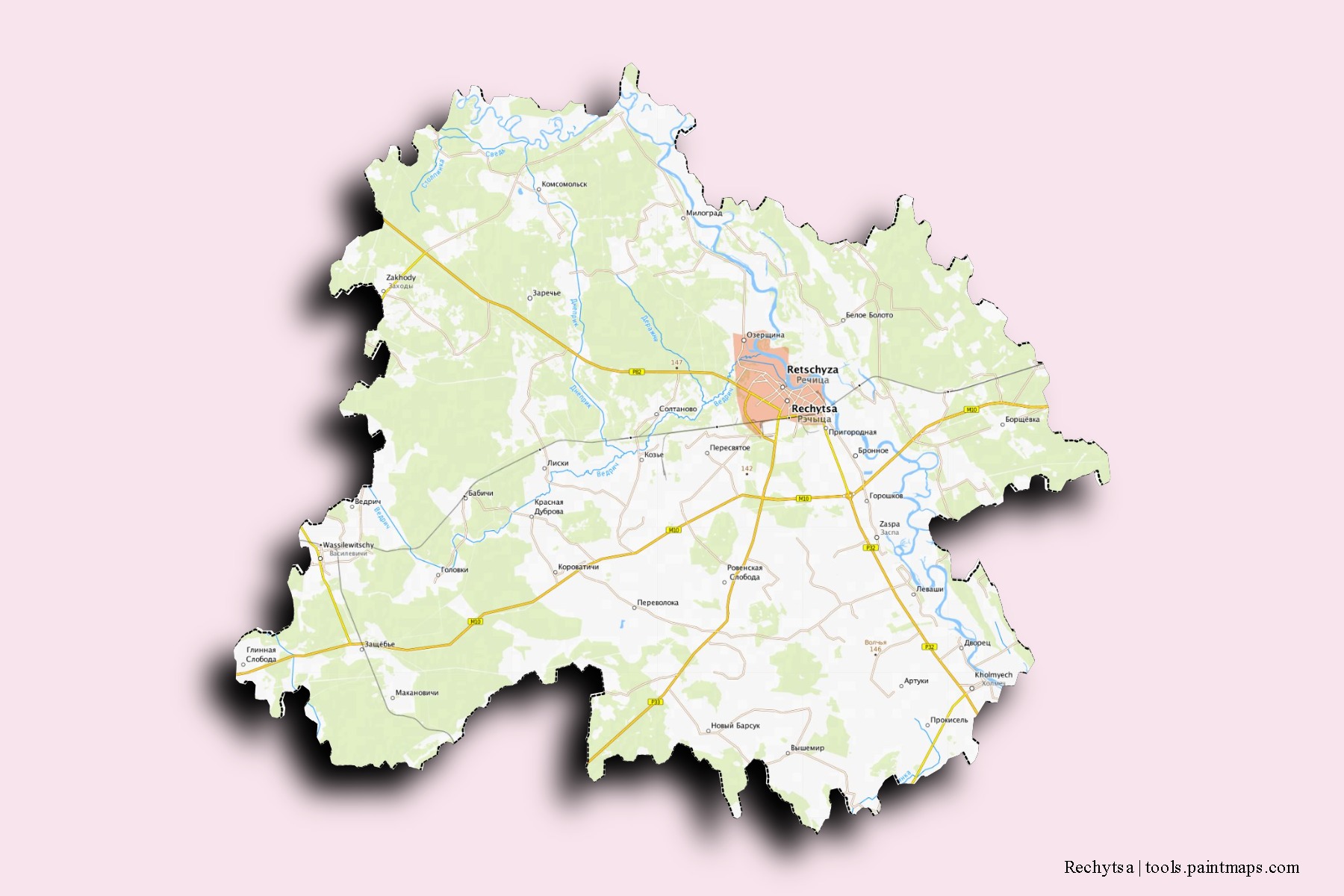 Rechytsa neighborhoods and villages map with 3D shadow effect