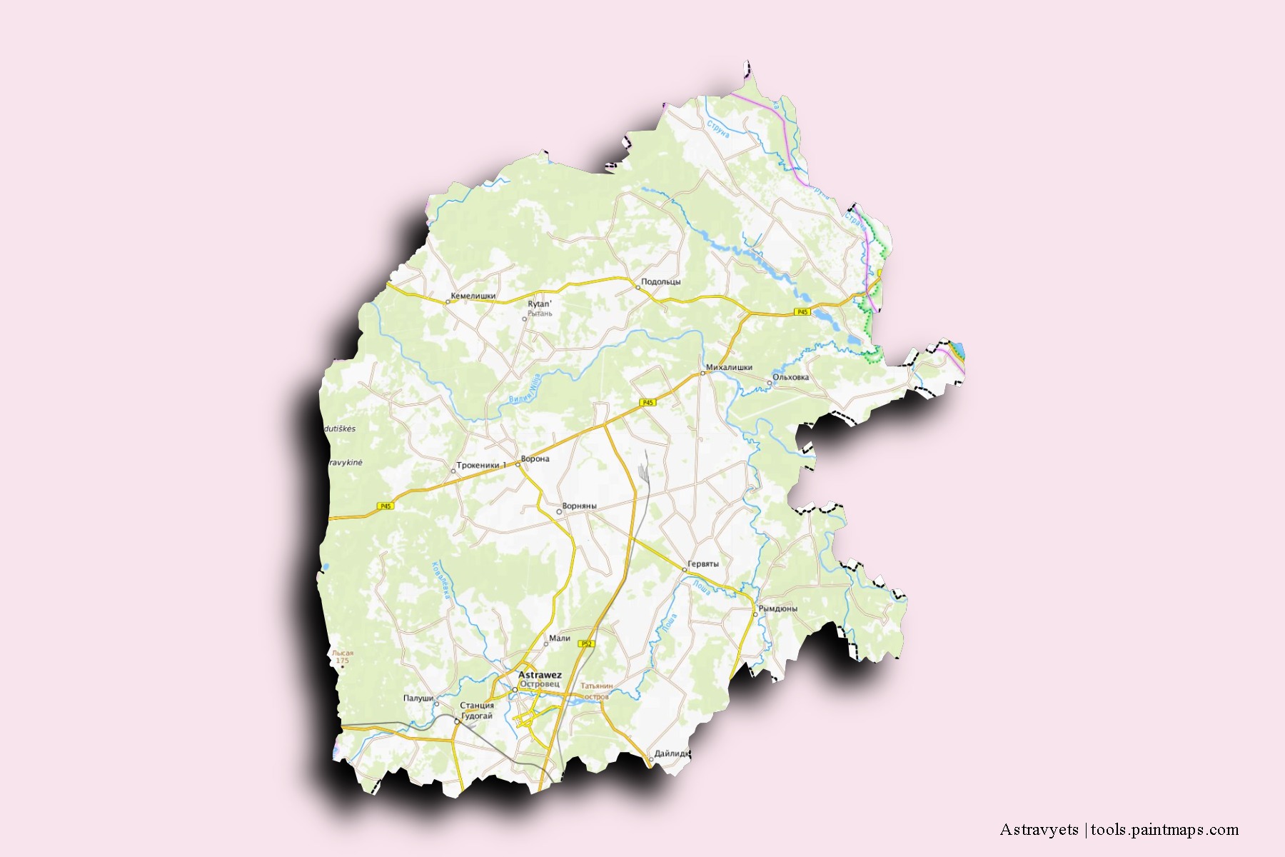 Mapa de barrios y pueblos de Astravyets con efecto de sombra 3D