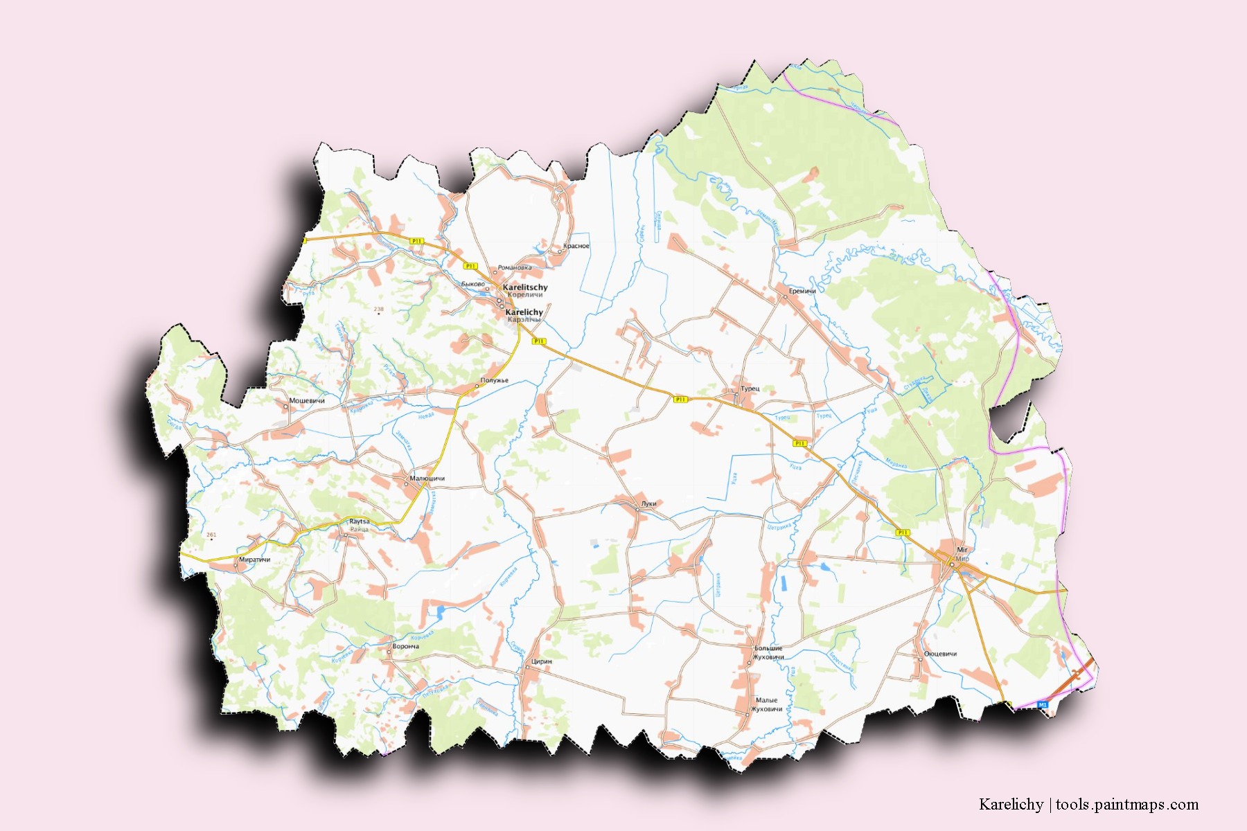 Karelichy neighborhoods and villages map with 3D shadow effect