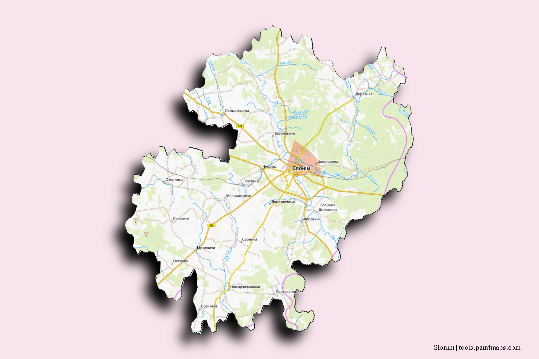 Mapa de barrios y pueblos de Slonim con efecto de sombra 3D