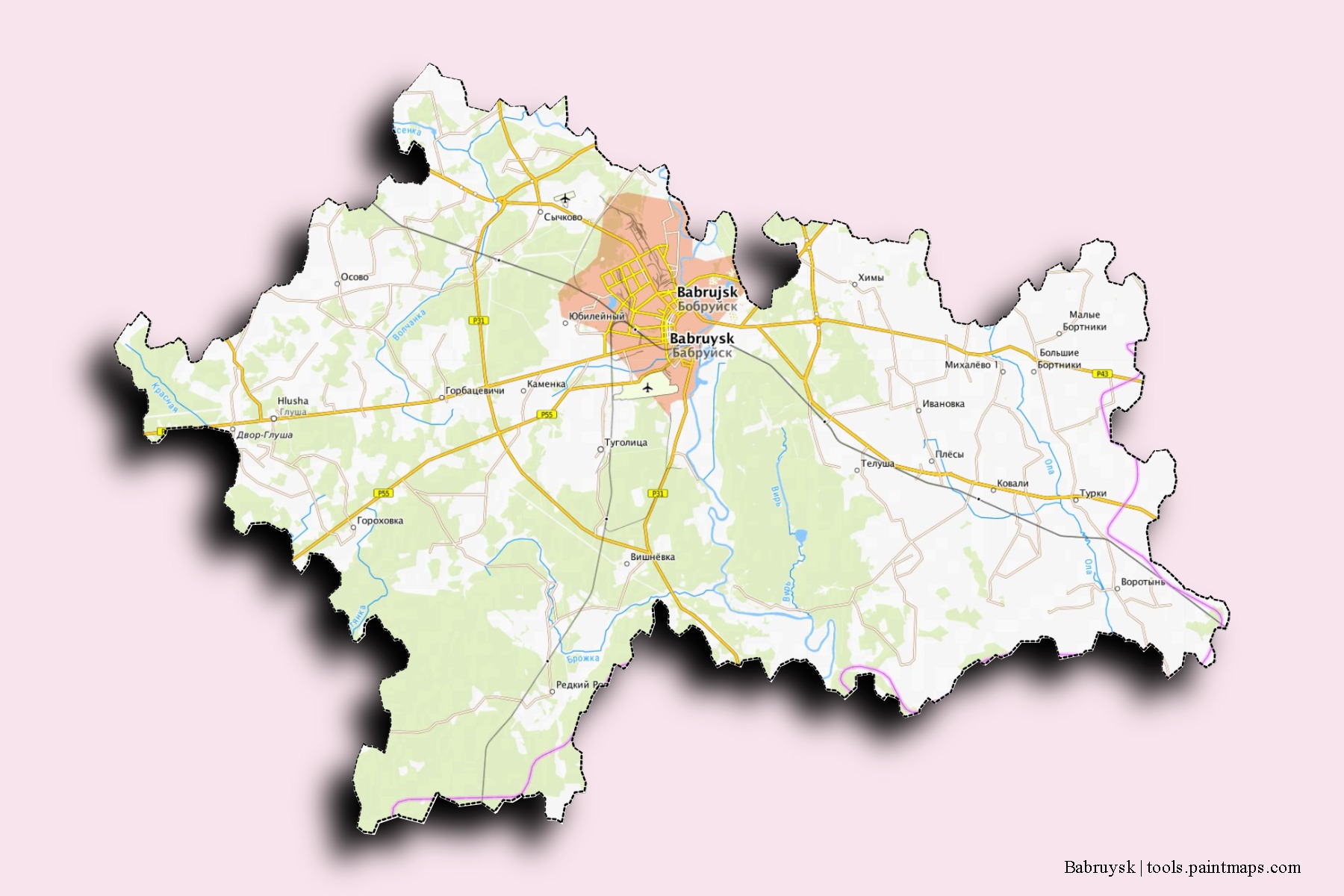 Babruysk neighborhoods and villages map with 3D shadow effect