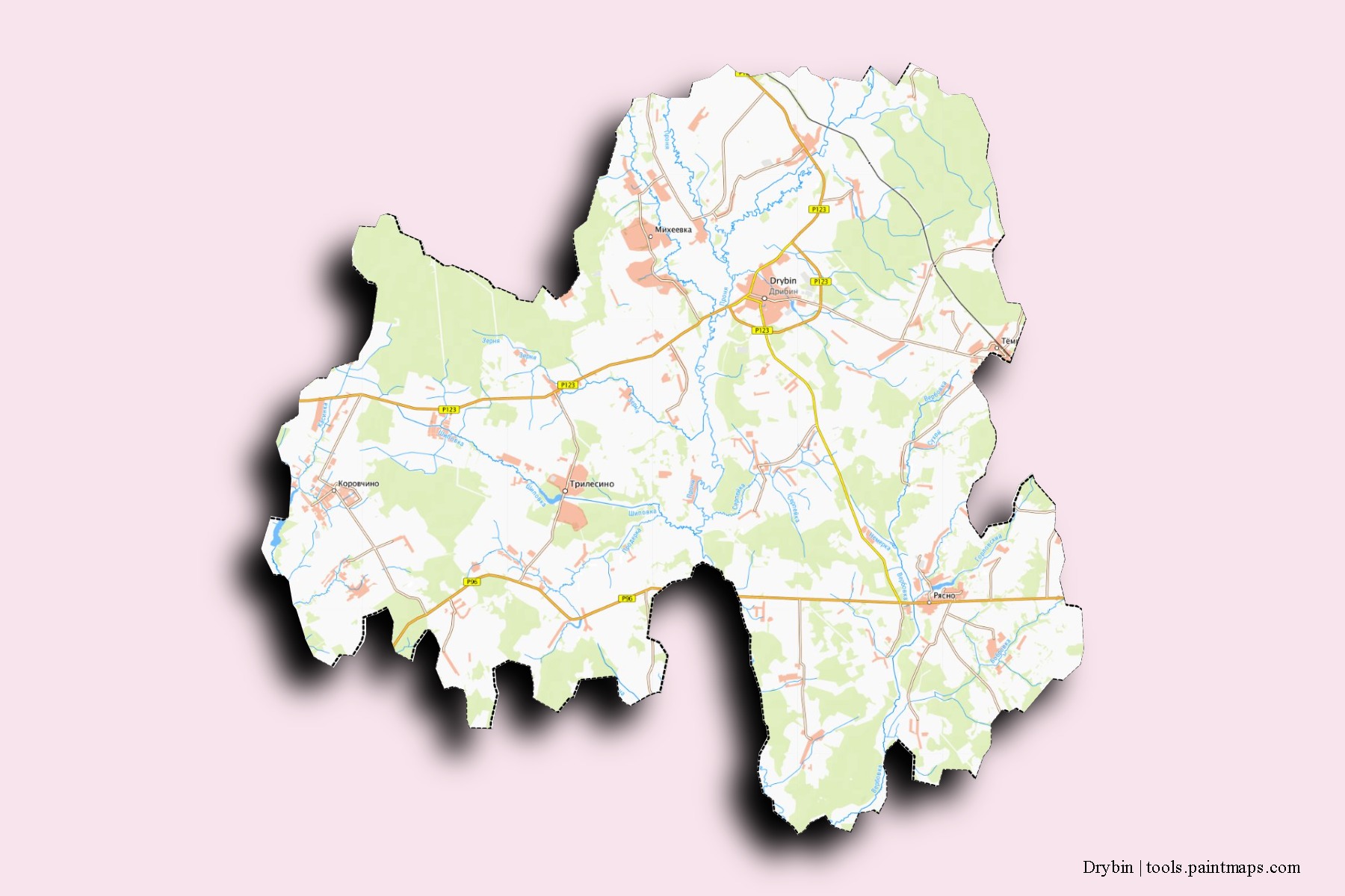 Drybin neighborhoods and villages map with 3D shadow effect