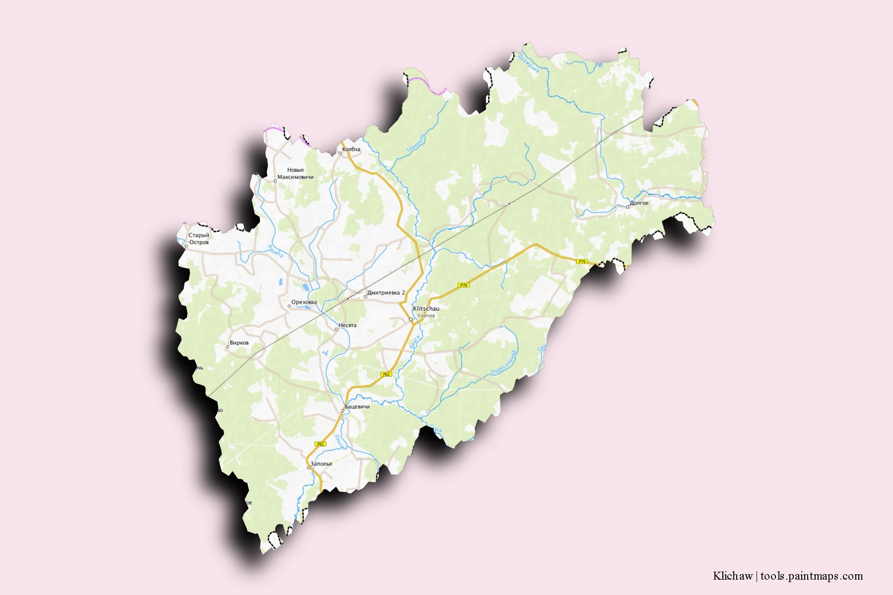 Mapa de barrios y pueblos de Klichaw con efecto de sombra 3D