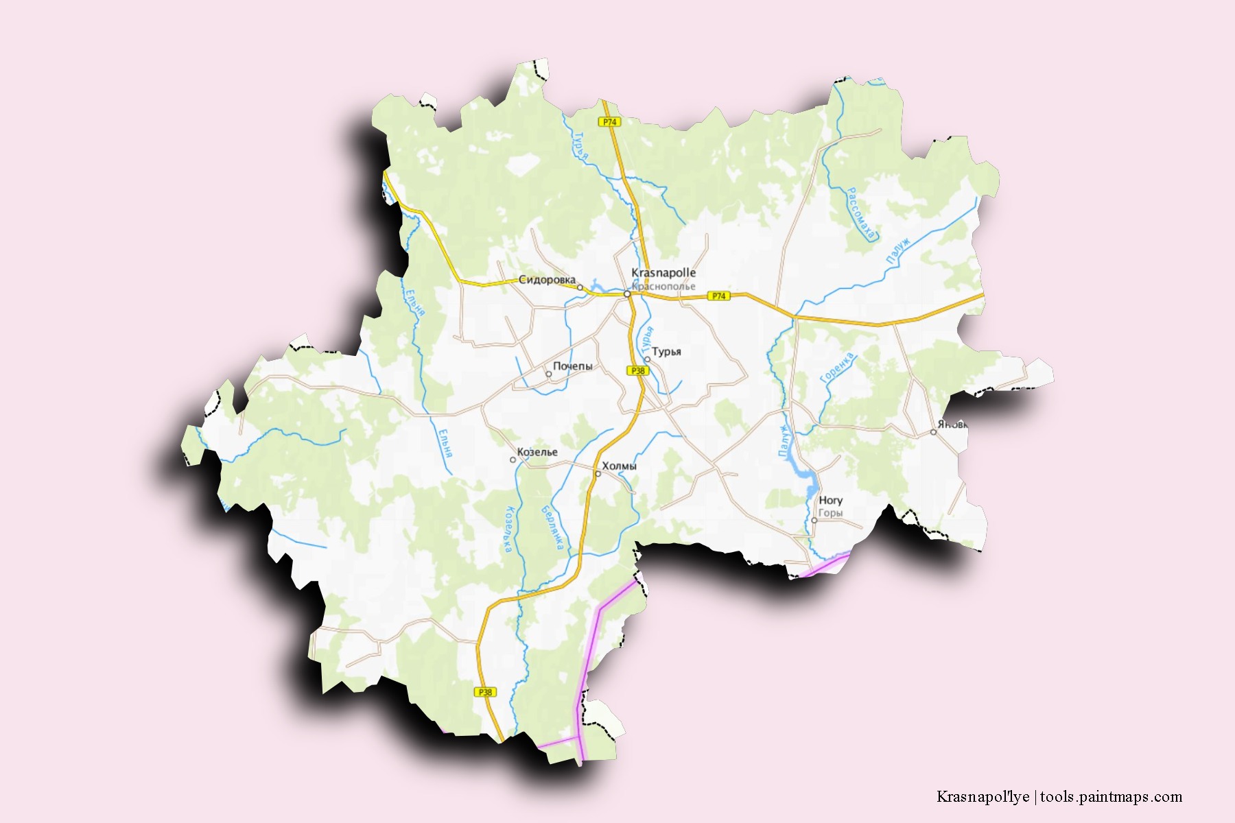 Krasnapol'lye neighborhoods and villages map with 3D shadow effect