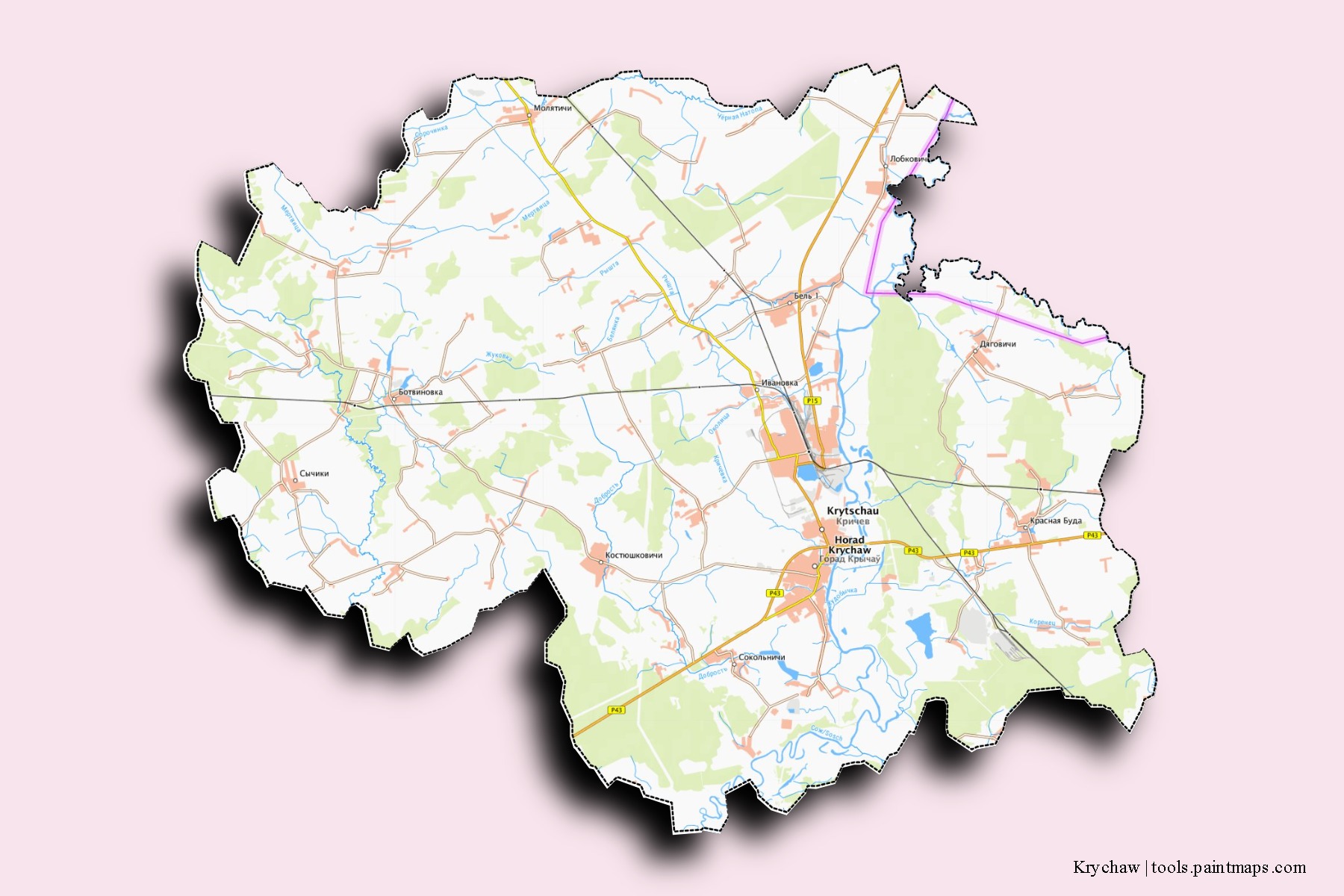 Krychaw neighborhoods and villages map with 3D shadow effect