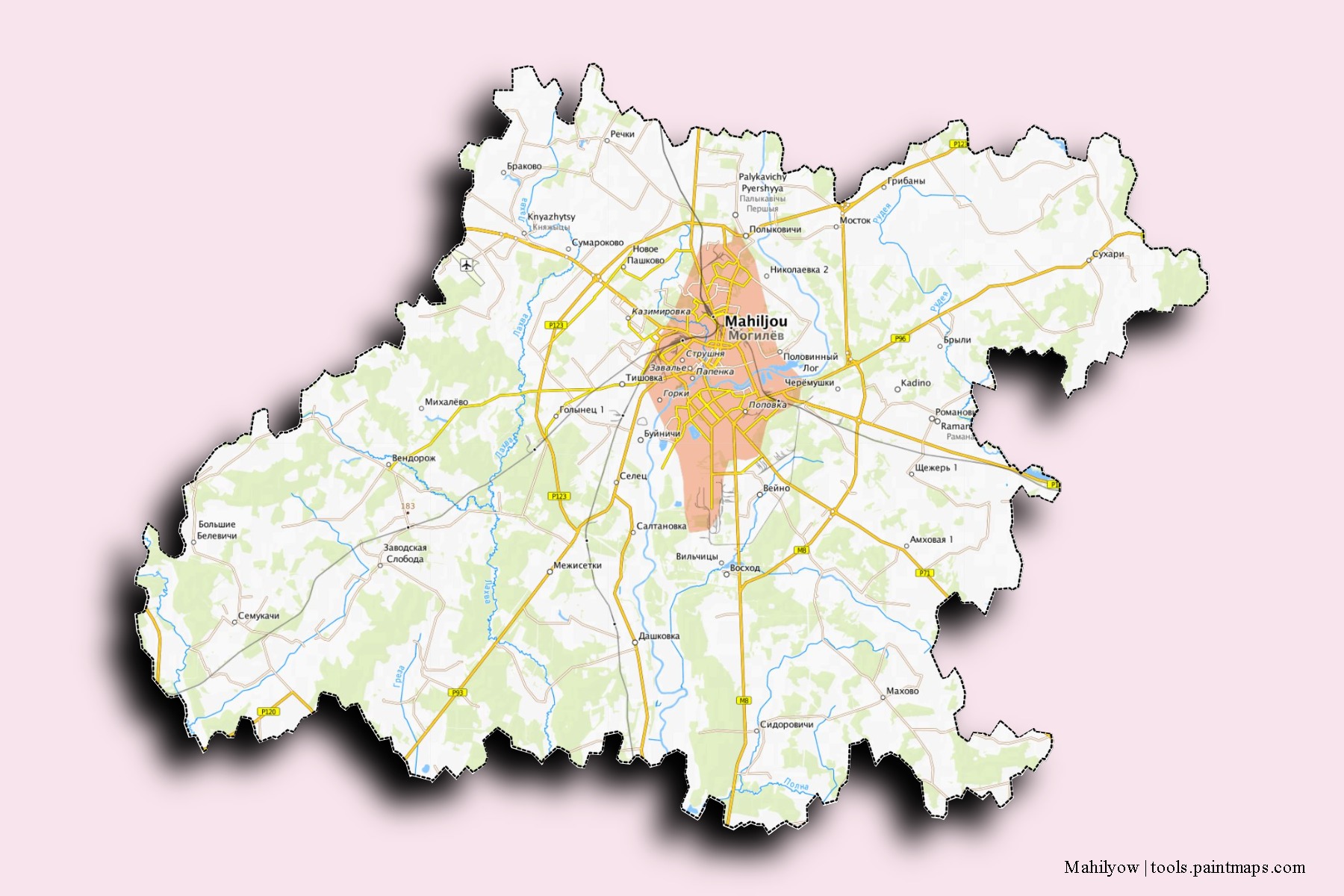 Mahilyow neighborhoods and villages map with 3D shadow effect