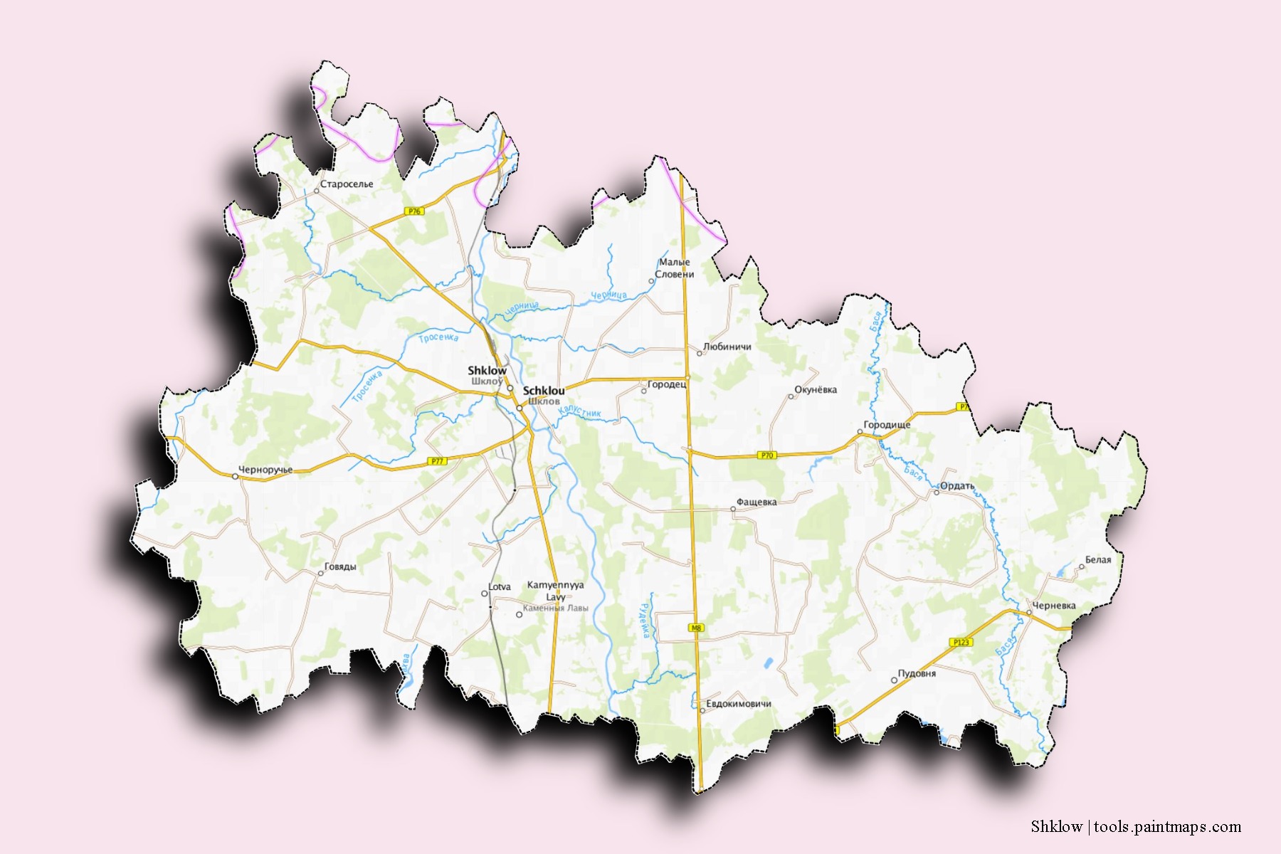 Mapa de barrios y pueblos de Shklow con efecto de sombra 3D