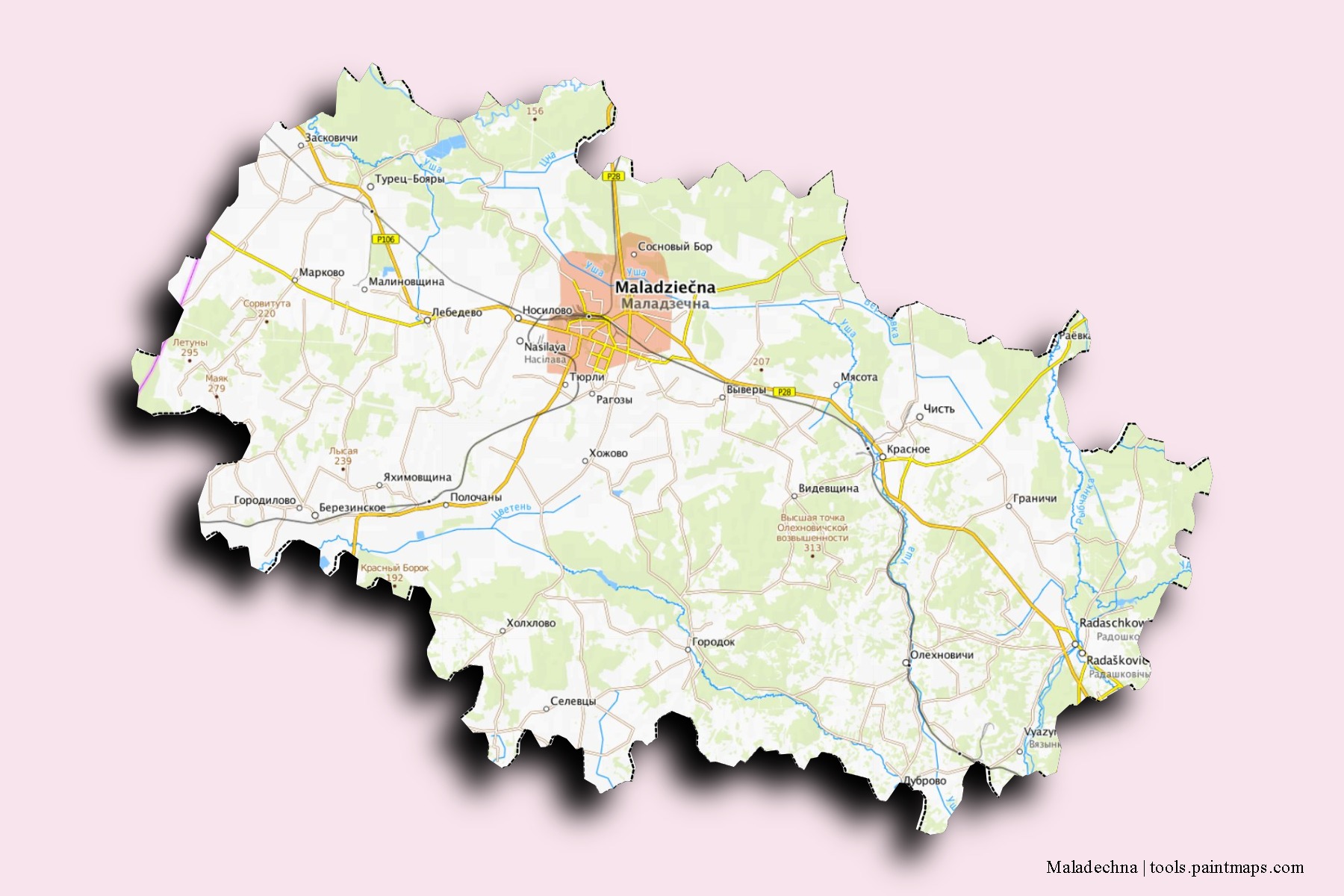 Maladechna neighborhoods and villages map with 3D shadow effect