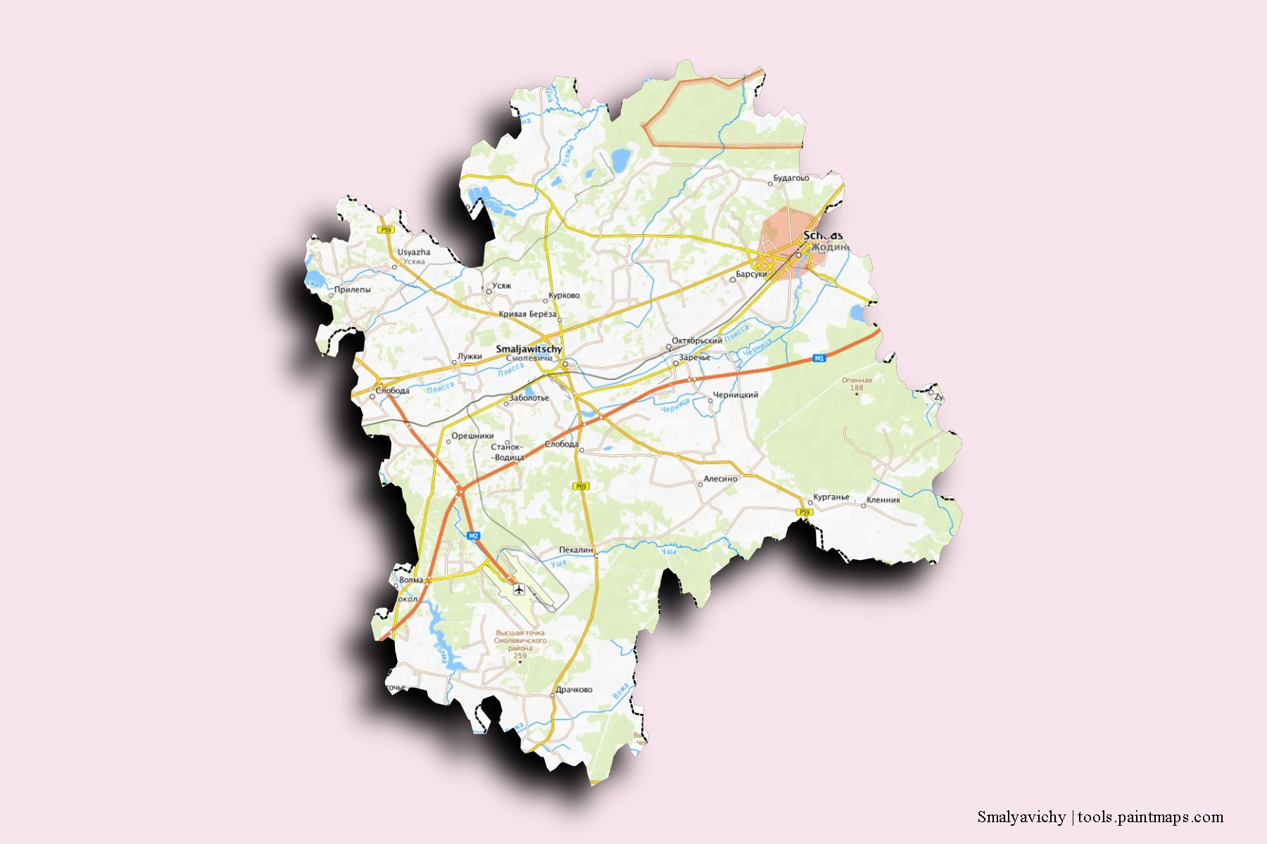 Mapa de barrios y pueblos de Smalyavichy con efecto de sombra 3D