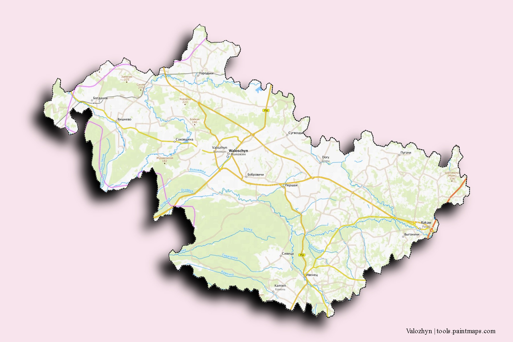 Mapa de barrios y pueblos de Valozhyn con efecto de sombra 3D