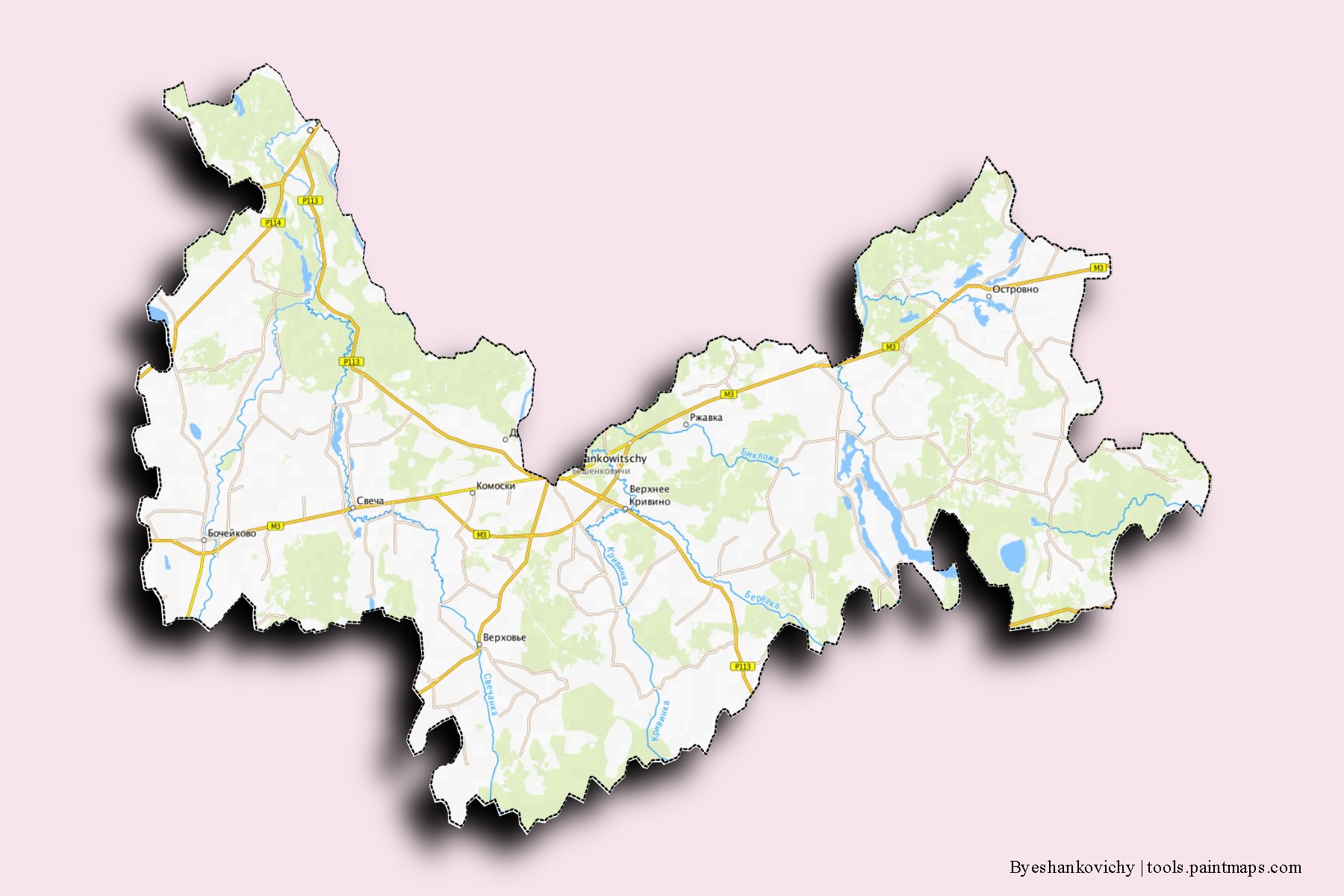 Mapa de barrios y pueblos de Byeshankovichy con efecto de sombra 3D